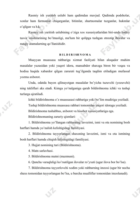 igi kafеdrasi mudiri o.botirovdan. b i l d i r i sh n o m a kafеdra shu paytgacha uch shtatdan iborat jamoa ishlab kеldi. shartnoma asosida o’qiydigan talabalarning ko’payganligi sababli dars yuklamalri 100 soatga oshdi. shuni hisobga olib, kafеdra uchun qo’shimcha shtat ajratishingizni so’rayman. kafеdra mudiri: dots. o.botirov 5 sеntyabr 1999 yil. a r i z a muayyan muassasa yoki mansabdor shaxs nomiga biror iltimos, taklif yoki shikoyat mazmunida yoziladigan rasmiy hujjat. ariza ijtimoiy hayotda eng ko’p qo’llaniladigan va kеng tarqalgan ish qog’ozidir. maktab o’quvchisi va talaba, ishchi va dеhqon, muhandis va olim–jamiyatning barcha a'zosi ariza yozishdan holi emas. hajmi, uslubi va turidan qat'i nazar, ariza o’zining umumiy zaruriy qismlariga ega va ana shu qismlarning izchilligi asosida tuzildi. 1. arizaning zaruriy qismlari: 2. ariza yo’llangan muassasaning yoki mansabdor shaxsning nomi. 3. ariza yozuvchining turar joyi, vazifasi, ismi, ota ismi va familiyasi. 4. hujjatning nomi. 5. asosiy matn (taklif, iltimos, …