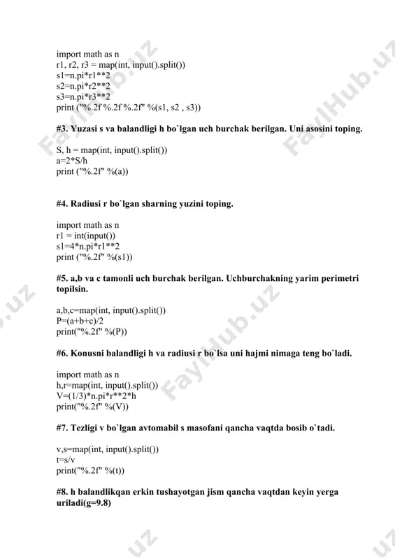 ala uchun kodlar quyidagicha ishladi: 1. kubikning hajmini hisoblash: berilgan o'lchamdagi kubikning hajmi uning tomonining kubi sifatida hisoblandi. 2. doiralar yuzini hisoblash: uchta doiraning radiusi berilgan holda, ularning yuzasi π * r^2 formula orqali hisoblandi. 3. uchburchakning asosini topish: uchburchakning yuzasi va balandligi berilgan holda, asosini (a) topish uchun 2 * yuzasi / balandlik formula ishlatildi. 4. sharning yuzini topish: radiusi berilgan sharning yuzasi 4 * π * r^2 formulasiga asoslanib hisoblandi. 5. uchburchakning yarim perimetri: uchburchakning tomonlari berilgan holda, yarim perimetri (p) hisoblandi. 6. konusning hajmini topish: konusning balandligi va radiusi berilgan holda, uning hajmi (v) 1/3 * π * r^2 * h formulasi bilan topildi. 7. avtomobilning vaqtini hisoblash: avtomobilning tezligi va bosib o'tgan masofasi berilgan holda, vaqt (t) s/v formulasi orqali hisoblandi. 8. erkin tushayotgan jismning vaqtini hisoblash: erkin tushish holatida, balandlik va gravitatsiya kuchi yordamida tushayotgan jismning yerga urilish vaqtini topish uchun √(2h/g) formulasi ishlatildi. 9. …