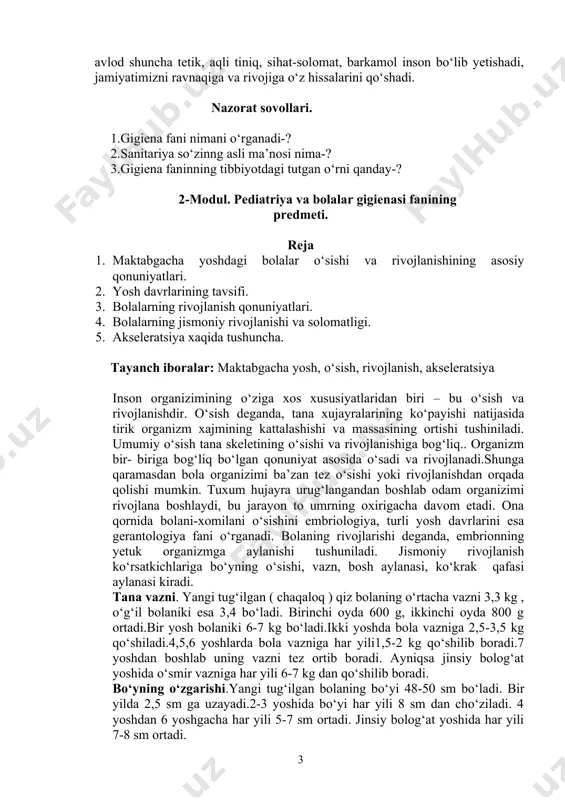 akidagi asosiy qonun kuchga kirgan. bu qonunning 41-moddasiga binoan, bolalar muassasalarida tarbiyalanayotgan va maktablarda o‘qiyotgan bolalar sog‘ligini mustahkamlash hamda ularga gigienik tarbiya berishga qaratilgan barcha sharoitni yaratish zarurligi ta’kidlab o‘tilgan.bu qonunda xar bir odam o‘z solomatligini asrab avaylashi uqtirilgan. fuqarolarning o‘z sog‘ligiga munosabati ularning shaxsiy ishi emas, balki davlat, jamoatchilik ishi ekanligi, odamlarni sanitariya madaniyati va zaruriy gigienik odatlarga o‘rgatishni muhimligi ko‘rsatilgan. sanitariya-epidemiologiya idoralarining faolligi tufayli zovodlar, fabrikalarda ish joylari, maktablarda esa sinflarda ozoda, yaxshi shomollatilgan va yorug‘ bo‘lishi ta’minlanmoqda. gigiena fani odamlarni to‘g‘ri ovqatlanishi, kun tartibi haqida doimo g‘amxo‘rlik qilishi shart. gigienaning muhim bo‘limlaridan biri shaxsiy gigienadir. yoshlikdan boshlab to umriningoxirigacha odam to‘g‘ri gigienik qoidalarga rioya qilsa, u hamisha sihat-solomat yuradi va uzoq umr ko‘radi. sog‘lom ota-onadan sog‘lom bola tug‘iladi. gigienaning asosiy vazifasi odamning har tomonlama barkamol bo‘lib o‘sishi va rivojlanishi, jismonan va ruhan yetuk bo‘lishi, hormay-tolmay uzoq yillar dovomida ishlab yurishi, farovon hayot kechirishi uchun qulay sharoit yaratib …