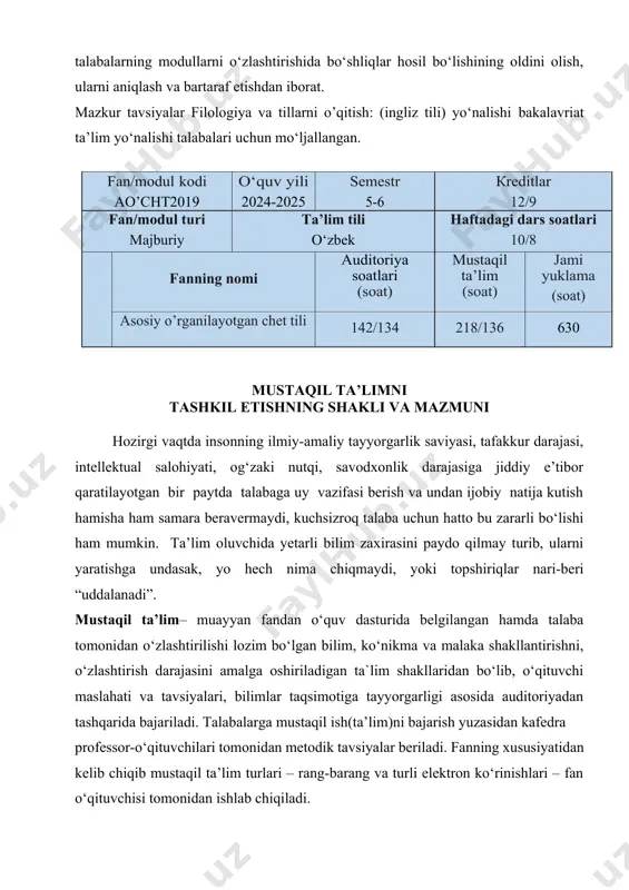 idan har bir mavzu bo’yicha talabaning mustaqil o’qib o’rganishiga doir vazifa va topshiriqlar ishlab chiqiladi va ularni bajarish uchun aniq ko’rsatmalar misollar yordamida beriladi. tilni o’rganish jarayonida talaba interfaol usullar vositasida mustaqil ta’lim olishga rag’batlantiriladi va mustaqil fikrlash talab qilinadi. mustaqil ishlarni tashkil etish tartibi va ilmiy rahbarning vazifalari · mustaqil ta’limning mavzulari beriladi; · ishni topshirish muddati va topshirish shakli haqida ma’lumot beriladi; · mavzular bo‘yicha egallanishi kerak bo‘lgan bilim, ko‘nikma va malakalar tavsiyalar shaklida beriladi; · mavzuga oid adabiyotlar tavsiya qilinadi; · mavzuning rejasini tuzishda talabaga yordam beriladi; · mustaqil ish va rejalarning bajarilishi yuzasidan doimiy nazoratlar o‘tkazib turiladi va tavsiyalar berib boriladi; · ko‘rsatilgan muddatda berilgan topshiriqlar ko'riladi; · topshiriq yuzasidan test yoki savol-javob o‘tkaziladi; · amaliy xarakterdagi topshiriqlarning yechimi ko'rsatiladi va o‘xshash misollar yordamida tekshiriladi; · mustaqil ish belgilab berilgan baholash mezonlari asosida baholanadi. mustaqil ishini tashkil etishda talabaning vazifalari talaba mustaqil ishni bajarish jarayonida quyidagilarni …