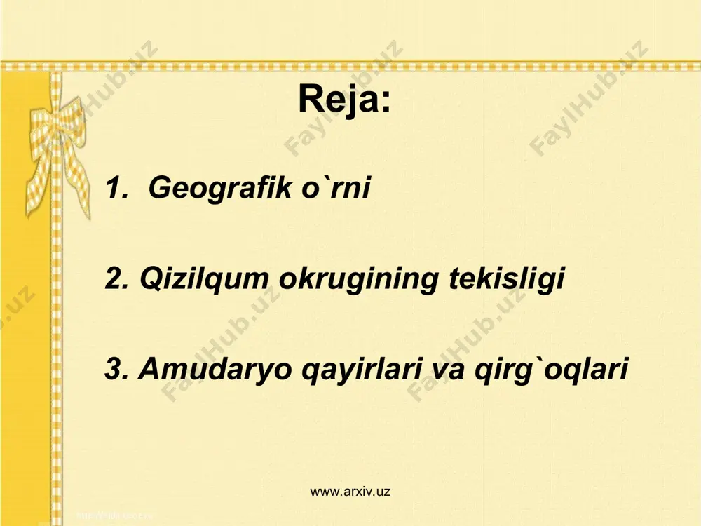 .uz qizilqum okrugining markaziy qismida bir necha berk botiqlar joylashgan. botiqlarning tagi qumdan iborat bo`lib, ustki qismi taqir yoki sho`rxoklardan iborat. botiqlar qizilqumning markaziy qismidagi qoldiq tog`lar orasida tektonik botiqlar mavjud. bu botiqlarning eng kattalari bukantog`ning janubida dengiz sathidan - 12 m pastda joylashgan mingbuloq, jetimtog`ning janubi-sharqida joylashgan mullali, ovminzatog` bilan qazaxtog` orasida joylashgan qoraxotin, kuljatog`ning janubi-sharqida joylashgan oyoqog`itma botiqlaridir. bu botiqlarning har birining bo`yi 40—50 km ga yetadi. www.arxiv.uz www.arxiv.uz qizilqum okrugidagi eng qadimiy quruqlikka aylangan qismi bu uning markaziy qismidagi platolardan ko`tarilib turgan paleozoy qoldiq tog`laridir. bu tog`lar juda ham yemirilib ketgan bo`lib, mutloq balandliklari 922 m dan oshmaydi. bu tog`larning eng muhimlari quljuqtog` (irlir cho`qqisi 764 m), yetimtog` (568 m), tomditog` (otog` cho`qqisi 922 m), ovminzatog` (635 m), quljuqtog` (785 m), qozaxtog` (394 m), sulton uvays tog`i (ashitog` cho`qqisi 473 m). shu sababli bu qoldiq toglar deyarli kenglik bo`ylab yo`nalib paleozoy erasining kristalli slaneo`lari, kvaro`li slaneo`lari va …