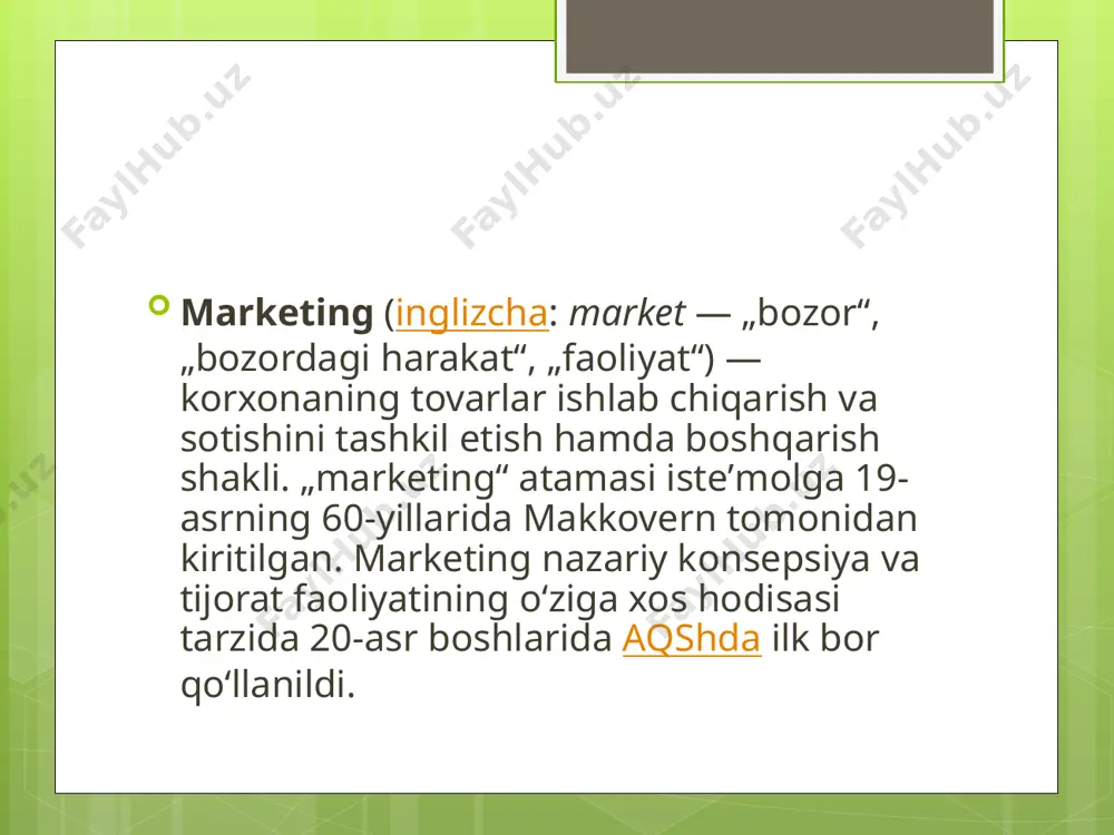 elgisi - huquqiy himoya qilingan tovar markasi yoki uning bir qismi bo‘lib, tovar sotuvchisining faqatgina o‘ziga marka nomi va marka belgisidan foydalanish huquqini beradi. tovar belgisi sifat kafolatlari, individuallik, reklama va markani himoya qilish vazifalarini bajaradi. tovar markasi uning bozor atributlari asosiy elementi bo‘lib, bozordagi qiyofasini shakllantirishning asosini tashkil etadi. tovar markasi - bu ramz, belgi, surat, nom bo‘lib, bir yoki bir necha ishlab chiqaruvchilar mahsulotlarning solishtirishni (identifikatsiya) va raqobatchilar mahsulotlaridan farqlanishini ta’minlaydi. markalar o‘z ichiga maxsus ramzli belgilar, rasmlar, nomlar va ularning qo‘shilmalarini qamrab olishi mumkin. marka nomi - markaning bir qismi bo‘lib, talaffuz qilish mumkin bo‘lgan xarf, so‘z yoki ularning qo‘shilmasi tarzida ifodalanishi mumkin (masalan, «mersedes-bens», «tip-top»). marka belgisi - markaning bir qismi bo‘lib, talaffuz qilinmaydi va oson tanib olinadigan belgi, rasm shaklida bo‘lishi mumkin (masalan, «jeneral motors» uchun «gm» belgisi). firmaning nomi, markasi belgisi o‘rnatilagan tartibda ro‘yxatdan o‘tgan, ya’ni huquqiy himoyalangan bo‘lsagina kuchga kiradi. korxona nomini tanlashda …