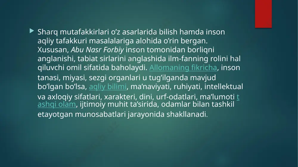 dlik ekanligini alohida qayd etadi: «ilm narsalarning inson aqli yordami bilan o’rganilishidir. bilim deb esa, narsalarni idrok qilishga aytiladi. bu shundayki, inson aqli uni xato va yo’ldan toymasdan turib unga erishishi kerak bo’ladigan narsadir. bordiyu, bu dalillar ochiq-oydin bo’lsayu, isbotlar chinakamiga bo’lsa, u holda bunga hikmat – donishmanlik deyildi»2. ibn sinoning aql va aqliy tarbiyaning tabiiy va psixologik asoslarini aniqlashga xarakat qiladi. uning fikricha, xayot, xayotiy quvvat uch shaklda: o’simlik, xayvonot va inson shaklida namoyon bo’ladi. ibn sino bolaning ilm-fan yoki xunar egallashga intilishida o’qituvchining unga bilim, xunar o’rgatishi zarurligini uqtiradi. ilm fanga intilish insonning eng oliy ma’naviy yuksaklikka ko’taradi, jamiyat ravnaqining asosiy omili bo’lib xizmat qiladi uning fikricha, ta’lim-tarbiya, avvalo, aqliy tarbiyani, yoshlarga ilm-fan o’rgatishni, jismoniy tarbiyani (bunga tibbiyot ilmi hizmat qiladi), axloqiy tarbiyani, nafosat tarbiyasini hamda yoshlarni ma’lum hunarga o’rgatish masalalarini o’z ichiga oladi. axloqiy tarbiya inson uchun nixoyatda muhim ahamiyatga ega. bolaning axloqiy tarbiyasi yoshlikdan, bolalikdan boshlanishi …