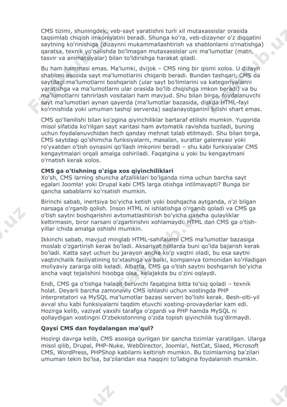 iladi. bu ham hammasi emas. ma'lumki, dvijok – cms ning bir qismi xolos. u dizayn shabloni asosida sayt ma'lumotlarini chiqarib beradi. bundan tashqari, cms da saytdagi ma'lumotlarni boshqarish (ular sayt bo'limlarini va kategoriyalarini yaratishga va ma'lumotlarni ular orasida bo'lib chiqishga imkon beradi) va bu ma'lumotlarni tahrirlash vositalari ham mavjud. shu bilan birga, foydalanuvchi sayt ma'lumotlari aynan qayerda (ma'lumotlar bazasida, diskda html-fayl ko'rinishida yoki umuman tashqi serverda) saqlanayotganini bilishi shart emas. cms qo'llanilishi bilan ko'pgina qiyinchiliklar bartaraf etilishi mumkin. yuqorida misol sifatida ko'rilgan sayt xaritasi ham avtomatik ravishda tuziladi, buning uchun foydalanuvchidan hech qanday mehnat talab etilmaydi. shu bilan birga, cms saytdagi qo'shimcha funksiyalarni, masalan, suratlar galereyasi yoki ro'yxatdan o'tish oynasini qo'llash imkonini beradi – shu kabi funksiyalar cms kengaytmalari orqali amalga oshiriladi. faqatgina u yoki bu kengaytmani o'rnatish kerak xolos. cms ga o'tishning o'ziga xos qiyinchiliklari xo'sh, cms larning shuncha afzalliklari bo'lganda nima uchun barcha sayt egalari joomla! yoki drupal …