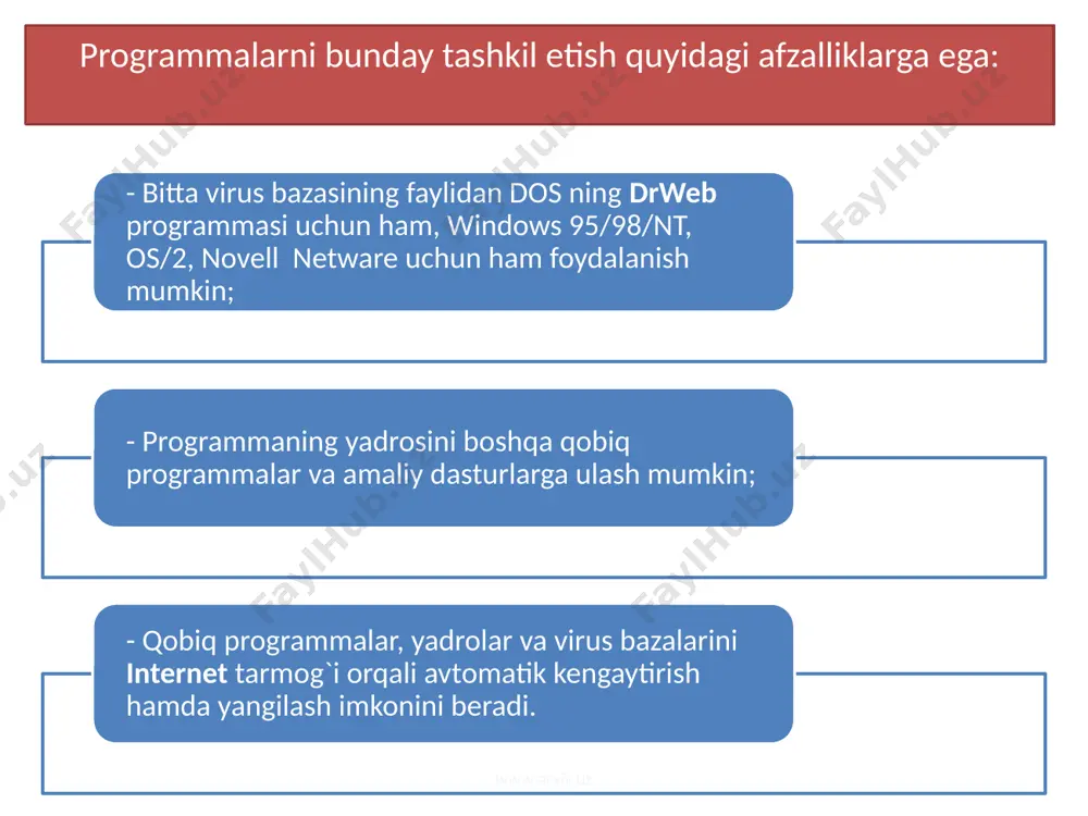 hi daraxt holatiga o`tish. virusga tekshirish natijalarining ma'lumotlarini chiqarish. zararlangan fayllar haqidagi ma'lumotlarni saqlovchi ro`yxatni tozalash. drweb bazasini internet orqali to`ldirish. antivirus programmaning ishlash parametrlarini o`rnatish. chiqish (ishni tugallash). dr.web antivirusini yahshi tamonlari k'op : pochta , tarmoq , internet , troyan , ms office , skript , makro yana mikrokamandalik viruslarga qarshi kurashadi . bu antivirusning yahshi tamoni zararlangan kompyuterga xam o'rnatish(ustanovka) qilish mumkun ! dr.web antivirusi 1992-yildan beri ishlab kelmoqda , xozirgi kunda eng yangi versiyasi dr.web 7.0 va beta versiyasi dr.web 8.0 dir ! dr.web antivirusi 2008-yildan 2010-yilgacha eng yahshi antivirus nominatsiyasi boyicha g'olib bo'lgan . www.arxiv.uz «kaspеrskiy laboratoriyasi» — kompyutеr viruslari, spam va xakеrlar hujumlaridan himoyalanish tizimlarini ishlab chiqishga ixtisoslashtirilgan kompaniyalar xalqaro guruhi, markaziy ofisi moskva shahrida joylashgan. kompaniya axborotlarni intеrnеt-xavflaridan himoyalash uchun dasturiy ta’minot ishlab chiqaruvchilari jahonda ilg‘or bеshligiga kiradi. 1997-yil 21-iyulda mustaqil kompaniya sifatida tashkil etilgan. kompaniyaning tarixi 1989-yilda, uy kompyutеrlari hali hashamatli mulk …