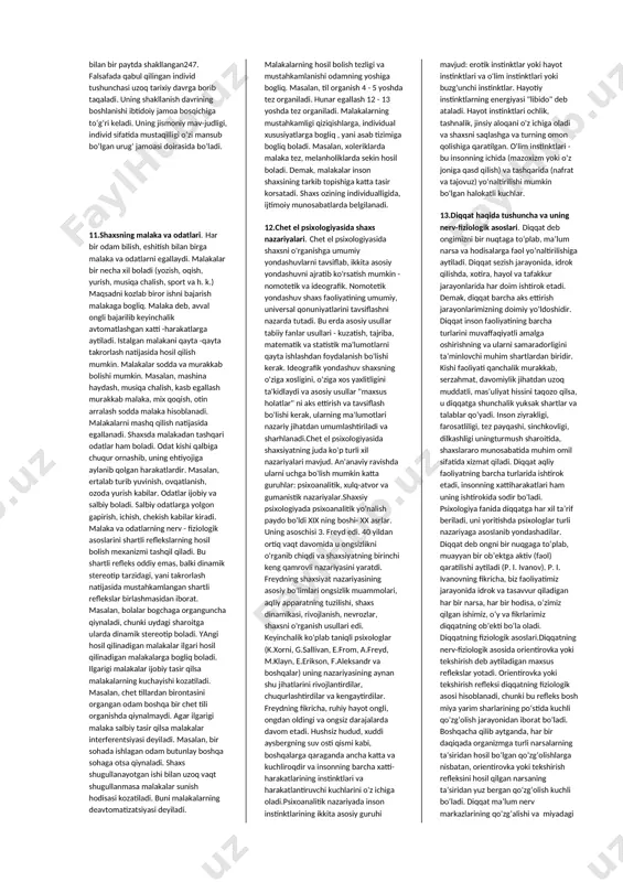 rni qo‘yadi. ushbu voqelik rus olimlari p.k.anoxin, n.a. bernshteyn, e.a.asratyanlarning tadqiqotlarida isbotlab berilgan. ularning umumiy mulohazalariga qaraganda, mushaklarning faoliyati sa’i – harakat vazifasi bilan emas, balki mazkur sa’i–harakat ro‘y beradigan shart-sharoitlar bilan boshqarilish mumkin. mushaklar bu o‘rinda sa’i– harakatlarning yo‘nalishini va tezligini ta’minlash uchun xizmat qiladi, har xil qarshiliklarni (hajm, kuch, vazn ta’siri) muayyan darajada susaytiradi. malaka deb mashq qilish jarayonida ish harakatlar bajarilishining avtomatlashgan usullariga aytiladi. malaka ish unumdorligining ortishiga, vaqtni tejashga, aqliy faoliyatni bir muncha muhimroq narsalarga safarbar qilishga imkon beradi. malaka quyidagicha hosil qilinadi:a) mehnat harakatlari, ularni egallab olishning zarur ekanligi va ahamiyatini anglash;b) harakat namunasini esda olib qolish;v) malaka namunalarini ko‘p marta bajarish, mashq qilish;g) izchillik bilan olib boriladigan mashq natijasida harakatlar tezlashadi. 7.xorij psixologiyasida motiv va motivatsiya muammosi. motiv va motivatsiya muammosi jahon psixologiyasida turli tuman nuqtai nazaridan yondoshish orqali tadqiq qilib kelinmoqda. uzoq va yaqin chet ellarda oziga xos psixologik maktab vujudga kelgan bolib, …