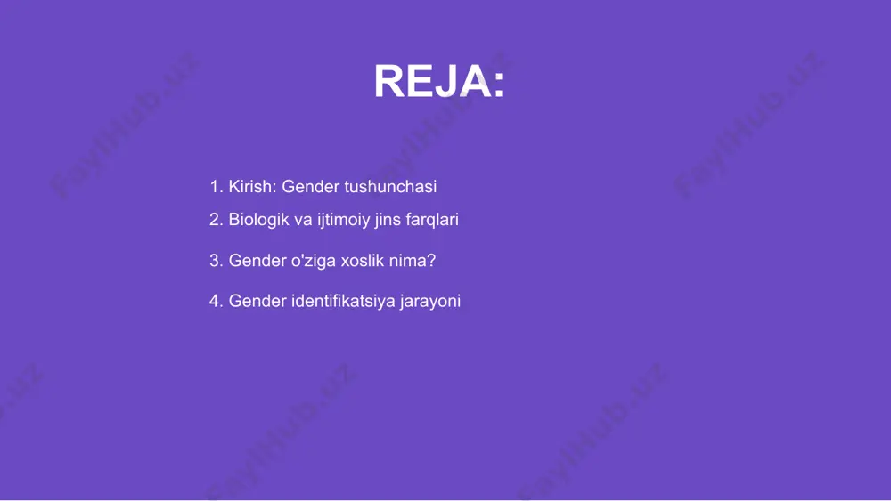 jasida yuz beradi. ijtimoiy muhit, madaniyat, tarbiya va ommaviy axborot vositalari gender identifikatsiyaning shakllanishida bevosita ta'sir ko'rsatadigan muhim omillar hisoblanadi. gender identifikatsiya jarayoni 01 gender o'ziga xoslik shakllanishida oila muhim asosdir. bola ilk ijtimoiy rolni aynan oilada o'rganib, jinsiy identitetni shakllantiradi. 02 tarbiyada ota-onaning yondashuvi farzandlarda genderga oid tasavvurlarni belgilaydi. har ikki jinsga teng yondashuv sog'lom gender tafakkurini rivojlantiradi. 03 oilaviy qadriyatlar va ijtimoiy kutishlar gender xatti-harakatlarini belgilaydi. bu omil yosh avlodning o'ziga xosligini shakllantirishda katta ahamiyatga ega. oila va tarbiyaning roli jamiyatda gender o'ziga xoslik shakllanishida ta'lim tizimi muhim rol o'ynaydi. maktablar orqali farzandlar ongiga rol modellari singib boradi. o'qituvchilar va o'quv dasturlari orqali ijtimoiy gender qadriyatlari shakllanadi. yigit va qizlar uchun mos rollar tarbiyalanadi, bu muhim jarayondir. ta'lim tizimi va gender shakllanishi ta'limda tenglik prinsiplarini joriy etish orqali gender stereotiplari kamayadi. bu esa farzandlar rivojiga ijobiy ta’sir ko‘rsatadi, muhim ahamiyatga ega. 01 gender o'ziga xoslik shakllanishida ommaviy axborot …