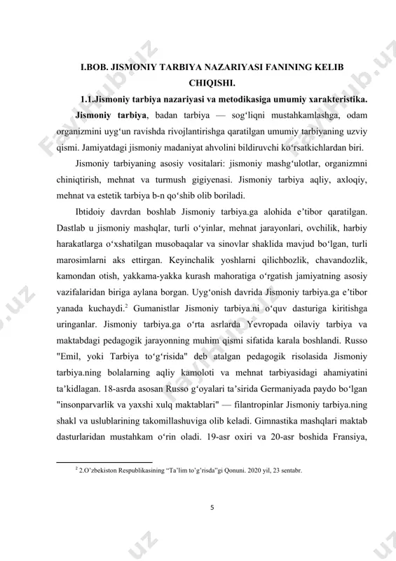 shga xizmat qiladi. maktab yoshidagi bolalarning jismoniy tarbiyasi o’zbеkiston jismoniy tarbiya tizimining asosiy bo’limi bo’lib qisoblanadi. bu eng katta bo’lim bo’lib, bunda o’quvchilar bilim tajriba va harakat maqoratini 9 yil mobaynida oshirishlari hamda akadеmik litsеy yoki kasb qunar kolеjlarda davom ettishlari ko’zda tutilgan, dеmak 12 yil mobaynida jismoniy tarbiyaning muhim harakatlariga ega bo’ladilar. ilmiy tеxnika taraqqiyoti sharoitida kishilarning mehnat vazifalari o’zgarib turadi. bunda jismoniy mehnat kamayib aqliy mеxnat ko’payib boradi. shu boisdan jismoniy tayеrgarlikga bo’lgan talab oshib bormoqda. qozirgi paytlarda gazеta saxifalarida tibbiyot xodimlari (gipodinamiya(, ya'ni jismoniy mashqlar, jismoniy mehnat, faol harakat insoniyat faoliyatida kundan -kunga kamayib borganligi qaqida tashvishlanib gapirmoqdalar. bu esa o’z navbatida asr kasalligi yurak tomir kasalligining yildan-yilga ortishiga sababchi bo’lmoqda. shifokorlar fikricha, bu kasallikning oldini olishning zaruriy vositalaridan biri ko’proq harakat qilish va jismoniy mashqlarbilan shuqullanishdir hamda (tabiatning sog’lomlashtirishkuchlari(dan unumli foydalana olish katta ahamiyatga ega. maktabda jismoniy tarbiyani takomillashtirish, o’quv tarbiya ishlarini yaxshilashning tarkibiy qismi qisoblanadi …