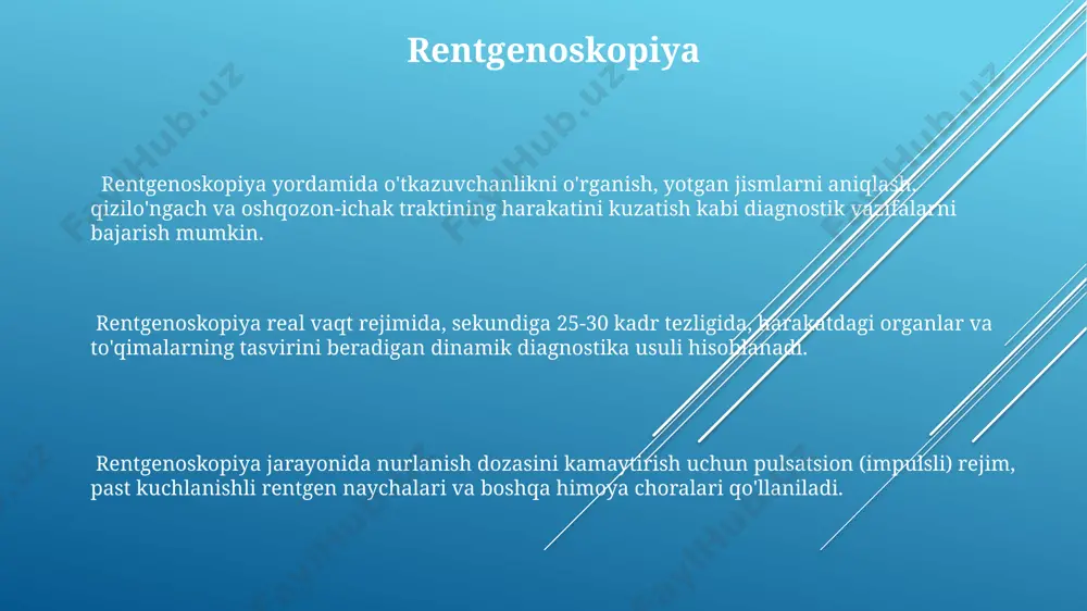 k tuzilmalarni tasvirlash uchun ishlatiladi, diagnostika aniqligi 90% dan yuqori. kt tekshiruvi davomida bemor rentgen nurlanishining past dozalariga ta'sir qiladi va bu dozalar standart rentgenografiyaga nisbatan ancha past bo'lib, taxminan 1 dan 10 msv gacha o'zgarib turadi. kompyuter tomografiyasi (kt) ko'p qirrali skanerlash texnologiyasi bo'lib, 360 daraja burchak ostida olingan bir qator rentgen nurlaridan foydalanib, inson tanasining kesma tasvirlarini yaratadi, bu esa 512 dan 1024 gacha bo'lgan piksel soniga ega yuqori aniqlikdagi tasvirlarni ta'minlaydi. e'tiboringiz uchun rahmat @taqdimot_robot