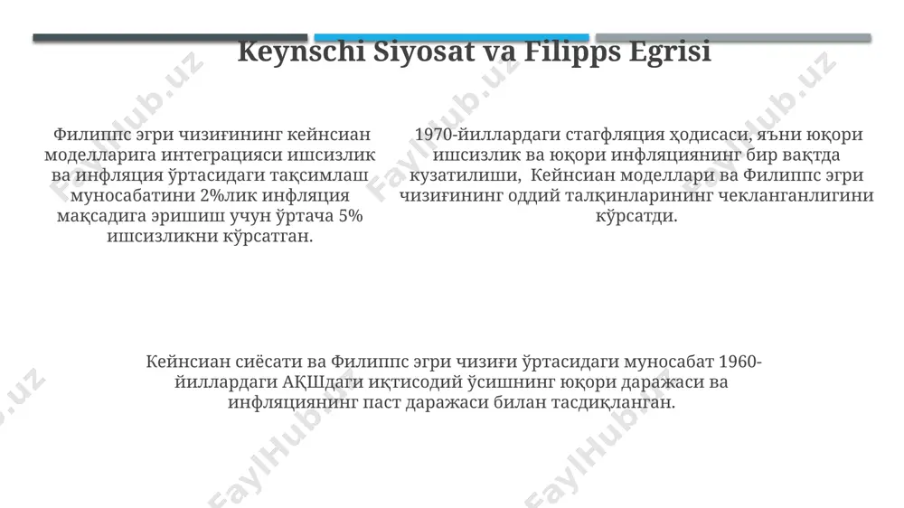 unosabatni ta'kidlaydi. kutilgan inflyatsiya rolini o'rganish samarqand viloyatida 2010-yildan keyin amalga oshirilgan empirik tahlillar, inflyatsiya kutilgan darajasi va haqiqiy inflyatsiya o'rtasidagi farqni aniqlashda keynesian modellarning chegaralanganligini ochib berdi. 1990-yillarning boshlarida o'zbekistonda kuzatilgan yuqori inflyatsiya darajasi (50% dan yuqori) keynesian modellarning samaradorligini shubha ostiga qo'ydi va pul-kredit siyosatining qayta ko'rib chiqilishiga olib keldi. 1990-yillarning boshlarida o'zbekistonda kuzatilgan yuqori inflyatsiya darajasi (50% dan yuqori) keynesian modellarning samaradorligini shubha ostiga qo'ydi va pul-kredit siyosatining qayta ko'rib chiqilishiga olib keldi. uzoq muddatli filipps egrisi uzoq muddatli filipps egrisi, monetarizm maktabining ta'limotiga muvofiq, pul massasi o'sishining ta'sirida davlatlararo iqtisodiy hamkorlik tashkilotining 20 ga yaqin a'zo davlatlarida inflyatsiya ortishi bilan bog'liq holda, ishsizlikning tabiiy darajasida (nairu) turg'unlashishini ko'rsatadi. uzoq muddatli filipps egrisi, 1960-yillarning oxirida, aqsh iqtisodiyoti kabi rivojlangan mamlakatlarning inflyatsiya va ishsizlik o'rtasidagi munosabatlarini tahlil qilishda kuzatilgan 2% dan yuqori turg'un inflyatsiya darajalarini aks ettiradi. 1970-yillarda neft inqirozi sababli global miqyosda yuz bergan stagflyatsiya (yuqori inflyatsiya …
