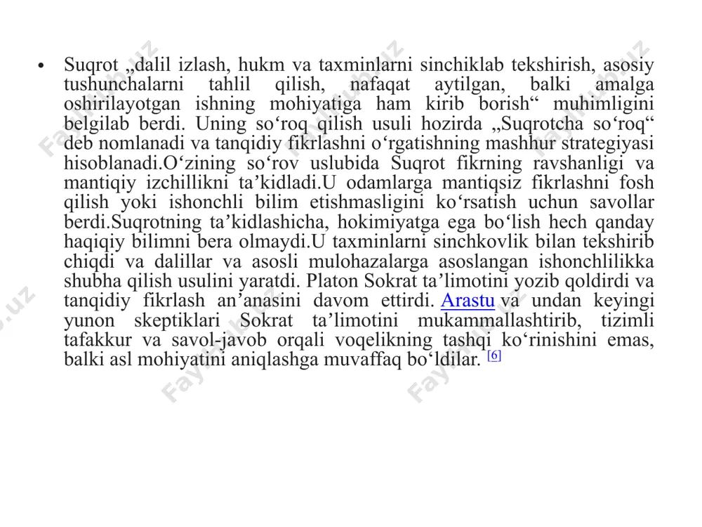 ktivlik, noaniqlik va behudalik . tanqidiy fikrlashning baʼzi taʼriflari bu sub’ektiv tajribalarni istisno qiladi. ennisning fikriga koʻra, "tanqidiy fikrlash — bu eʼtiqod va harakatni boshqaradigan kuzatish, tajriba, fikrlash, oʻrganish yoki assotsiatsiya orqali toʻplangan yoki hosil maʼlumotlarni kontseptsiyalash, qoʻllash, tahlil qilish, sintez qilish va / yoki baholashning intellektual va intizomli jarayoni. ennisning bu taʼrifi xarvi sigel, piter fazione va deanna kuhn tomonidan ilgari surilgan. ennisning fikricha, tanqidiy fikrlash diqqat va miya faoliyatini talab qiladi. agar tanqidiy fikrlash taʼlim sohasiga kiritilsa, bu usul o‘quvchilarning miya faoliyatini oshiradi va matnlarni boshqacha tushunishga yordam beradi. tanqidiy fikrlash turli qismlarga boʻlinishi mumkin va boshqa sohadagi talaba tanqidiy fikrlashning boshqa modeliga muhtoj boʻladi. tanqidiy fikrlash oʻxshash materialdan juda koʻp turli burchak va istiqbollarni ochib beradi. mantiqiy argumentatsiyani oʻrganish tanqidiy fikrlashni oʻrganish bilan bogʻliq.mantiq argumentlarni tahlil qilish va ularning haqiqiy yoki notoʻgʻriligini baholash bilan bogʻliq. gnoseologiyaning sohalarida tanqidiy fikrlash mantiqiy fikrlashni taʼkidlaydi, bu mantiqiy toʻgʻri va mantiqiy …