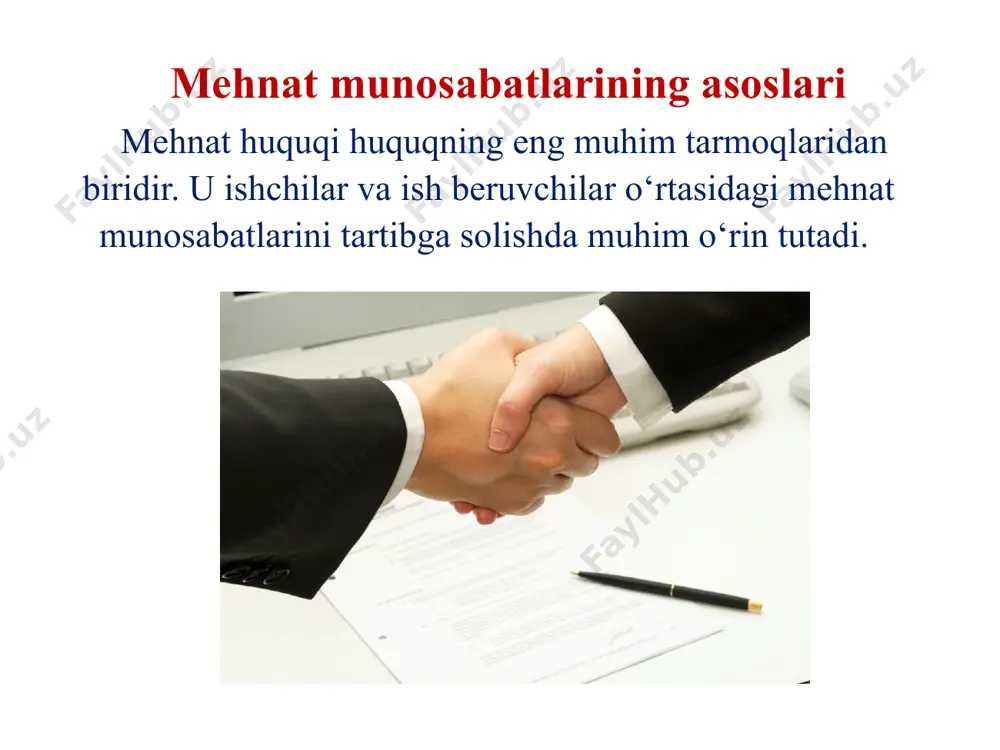 likdan muhofaza qilish tamoyili: davlat idoralari uni olishga xohish bildirgan hammaga maqbul ishni taqdim etish uchun barcha choralarni ko‘rishga majbur. ish qidirish vaqtida ishsizlik bo‘yicha nafaqa to‘lanadi. mehnatda diskriminatsiya qilishga, ayollar va erkaklarga haq to‘lashda, irqiy alomatlarga ko‘ra, fuqaroligi bo‘lmagan shaxslarga qaraganda mamlakatning ishlayotgan fuqarolariga ko‘proq huquqlar berish va hokazoni taqiqlash. mehnatda va bandlikda tenghuquqlilikni ta’minlash tamoyili: dam olish, mehnatni muhofaza qilish huquqini ta’minlash tamoyili: mehnat qonun hujjatlarida fuqarolarning dam olish huquqi ko‘zda tutilgan, unga muvofiq ularga ish joyi va o‘rtacha ish haqi saqlangan holda yillik ta’tillar beriladi. mehnat huquqlari va erkinliklarini muhofaza qilish huquqini ta’minlash tamoyili mehnat kodeksiga muvofiq quyidagi hollarda ishlash majburiy hisoblanmaydi: — harbiy yoki muqobil xizmatni o‘tash davrida; — favqulodda holat sharoitlarida; — sud hukmi kuchga kirishi asosida. image1.jpg image2.png image3.jpeg image4.jpeg image5.jpeg image6.jpeg image7.jpeg image8.jpeg image9.jpeg image10.jpeg image11.jpeg image12.jpeg image13.jpeg אילוסטרציה עורך דין ולקוח /docprops/thumbnail.jpeg