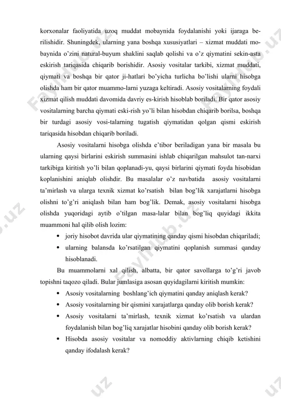 sh va ulardan foydalanish bilan bog’liq xarajatlar hisobini qanday olib borish kerak? · hisobda asosiy vositalar va nomoddiy aktivlarning chiqib ketishini qanday ifodalash kerak? kutubxona fondlari, qishloq xo’jalik mashinalari va qurollari qiymatidan qat’iy nazar, asosiy vositalarga qo’shiladi. asosiy vositalarni hisobga olishni engillashtirish maqsadida uni batafsil turkumlab olish maqsadga muvofiqdir. asosiy vositalar bir qator belgilari bo’yicha turkumlanadi (1- chizma). 1- chizma. asosiy vositalarni turkumlanishi buxgalteriya hisobida hisobga olishda asosiy vositalarni turlari bo’yicha (natural buyum shakliga ko’ra) quyidagi gruhlarga ajratiladi: · yer; · yerni obodonlashtirish; · moliyalanadigan lizing shartnomasi bo’yicha olingan asosiy vositalar; · binolar, inshootlar va uzatuvchi moslamalar; · mashina va uskunalar; · mebel va ofis jihozlari; · kompyuter jihozi va hisoblash texnikasi; · transport vositalari; · ish hayvonlari; · mahsuldor hayvonlar; · ko’p yillik o’simliklar (daraxtlar); · boshqa asosiy vositalar; · konservatsiya qilingan asosiy vositalar. ahamiyati bo’yicha, ya’ni ishlab chiqarishdagi ishtirokiga ko’ra, asosiy vositalarni, odatda, ishlab chiqarish ahamiyatiga ega bo’lgan …