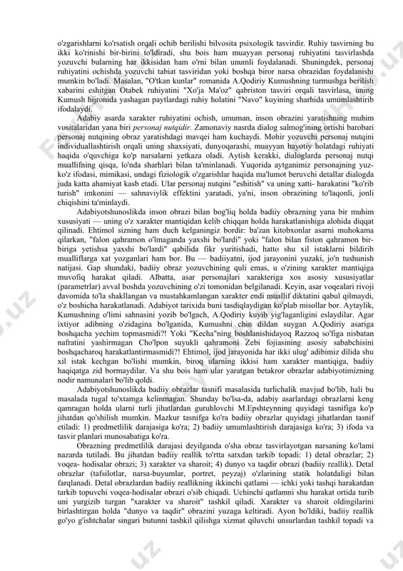 igi turlicha bo'lib, bu narsa birinchi galda muallifning ijodiy niyati bilan bog'liq bo'ladi. masalan, "kecha" romanining boshlanishidayoq cho'lpon zebiga bir turli, razzoq so'figa yana bir turli, akbaraliga esa boshqa bir turli munosabatda bo'ladi. voqealar rivojlanib borgani sari muallifning ularga hissiy munosabatida ham ma'lum o'zgarishlar kuzatiladi. aytaylik, adibning asar boshlanishidagi zebiga nisbatan shaydolik to'la mehri susayib boradi (adib xarakter mohiyatini xolis idrok etib boradi), razzoq so'figa yoki akbaraliga nisbatan mazaxli nafrat qisman achinishga aylanib boradi (adib ularning taqdiridagi fojelikni kashf etadi). ya'ni, adibning o'zi xarakter mohiyatiga kirgani sari qahramonlariga nisbatan hissiy munosabatida o'zgarish yuzaga keladi. hissiy munosabatdagi o'zgarish o'qish jarayonida kitobxonga ham o'tadi va ayni shu narsa uning asar mazmunini adib istaganidek tushunishiga asos bo'lib xizmat qiladi. ko'rinadiki, badiiy obrazdagi ratsional va emotsional jihatlarning uyg'unligi asar badiiy konsepsiyasini shakllantirilishida ham, ifodalanishida ham birdek muhim ahamiyatga ega ekan. badiiy obrazning muhim xususiyatlaridan yana biri uning metaforikligi sanaladi. bu o'rinda "metaforiklik"ni keng ma'noda …