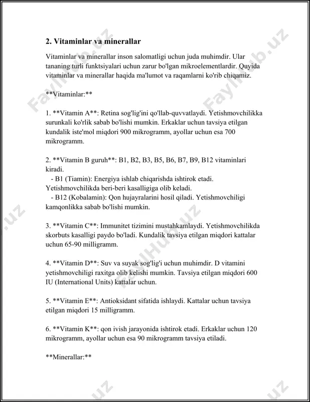 tistika qo‘mitasining ma’lumotlariga ko‘ra, mamlakatimizda yashovchi aholining tuz iste’moli o‘rtacha kunlik darajasi tavsiya etilgan 5 grammdan yuqori. shuningdek, shakar iste'molini chegaralash ham juda muhimdir. jahon sog‘liqni saqlash tashkiloti tavsiyalariga ko‘ra, kundalik kaloriya miqdorining 10 foizidan ko‘p bo‘lmagan qismi shakardan olinishi kerak. ammo, aksariyat o‘zbekistonliklar bu miqdorni oshirib yuborishadi, bu esa diabet va boshqa salomatlik muammolari uchun yo‘l ochadi. oziq-ovqat xavfsizligini ta’minlash uchun yurtimizda juda ko‘p islohotlar olib borilmoqda. o‘zbekistonda 2020 yilda ratsionda proteyin, kalsiy, temir va a vitamin yetishmasligi muammosini hal etish uchun maktabda o‘quvchilarga sog‘lom nonushta dasturlari joriy etildi, bu esa 4 milliondan ortiq bolaga ta’sir ko‘rsatdi. sog‘lom ovqatlanishning muhim qismi ham suv iste’moli hisoblanadi. tadqiqotlar ko‘rsatdiki, suv iste’molini ko‘paytirgan shaxslar charchoq va bosh og‘riqlaridan sezilarli darajada ozod bo‘ladi. yosh avlod o‘rtasida toza ichimlik suvi iste’molini targ‘ib qilish va gazlangan ichimliklarni iste’mol qilishni kamaytirish muhim. respublikamizda bunda ham dolzarb chora-tadbirlar ko‘rilmoqda. xulosa qilib aytadigan bo‘lsak, sog‘lom ovqatlanishning ahamiyati insonlar …