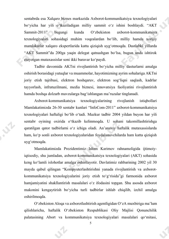 makonini kengaytirish bo‘yicha turli tadbirlar ishlab chiqilib, izchil amalga oshirilmoqda. o‘zbekiston aloqa va axborotlashtirish agentligidan o‘za muxbiriga ma’lum qilishlaricha, haftalik o‘zbekiston respublikasi oliy majlisi qonunchilik palatasining abort va kommunikatsiya texnologiyalari masalalari qo‘mitasi, kompyuterlashtirish va axborot-kommunikatsiya texnologiyalarini rivojlantirish bo‘yicha muvofiqlashtiruvchi kengash, o‘zbekiston aloqa va axborotlashtirish agentligi, o‘zbekiston axborot texnologiyalari korxona va tashkilotlari uyushmasi tomonidan tashkil etilmoqda. “infocom-2011” axborot-kommunikatsiya texnologiyalari haftaligi toshkent axborot texnologiyalari universitetida bo‘lib o‘tadigan “itpa-2011” o‘zbekiston-koreya xalqaro konferensiyasi bilan boshlanadi. haftalikning dastlabki kunida poytaxtimizdagi yoshlar ijod saroyida uz milliy domeni internet-festivali g‘oliblarini mukofotlash marosimi bo‘lib o‘tadi. tanlov dasturi mavzuga oid 13 va 2 maxsus nominatsiyani o‘z ichiga olgan. 27 sentabrda esa xalqaro biznes markazida axborot-kommunikatsiya texnologiyalari bo‘yicha har yili o‘tkaziladigan milliy sammit o‘z ishini boshlaydi. “akt sammit-2011” bugungi kunda o‘zbekiston axborot-kommunikatsiya texnologiyalari sohasidagi muhim voqealardan bo‘lib, milliy hamda xorijiy mamlakatlar xalqaro ekspertlarida katta qiziqish uyg‘otmoqda. dastlabki yillarda “akt sammit”da 200ga yaqin delegat qatnashgan bo‘lsa, bugun unda ishtirok etayotgan mutaxassislar …