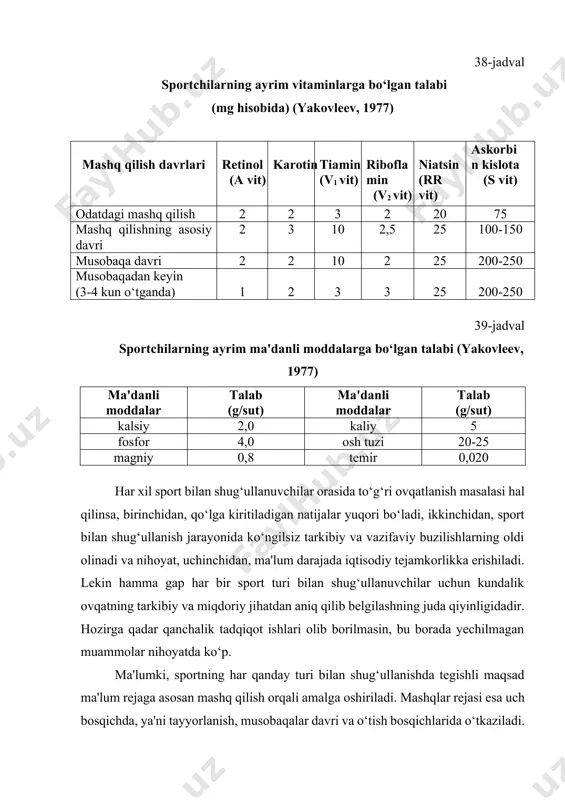 pp va c vitaminlar yetarli miqdorda bo‘lishi tavsiya qilinadi, chunki ular mashq qilish tufayli tanada sodir bo‘ladigan moddalar va quvvat almashinuvining qayta tashkil qilinishi zarur. 36-jadvalda mashq qilishning turli davrlarida ayrim vitaminlarga bo‘lgan talab me'yorlari keltirilgan. bu bosqichda mashq qilish qon tarkibida bir talay o’zgarishlarni keltirib chiqaradi. ulardan eng muhimi ko’plab gemoglabin va mioglobinlarning hosil bo‘lishi hisoblanib, u vujudning temirga bo‘lgan talabini oshiradi. shuning uchun ehtiyojni qondirish maqsadida tarkibida temir moddasi bor mahsulotlardan yetarli miqdorda tanovul qilish lozim. chaqqonlikni oshiradigan va tez bajariladigan mashqlar kishining fosforga bo’lgan talabini ham oshiradi. bu modda sut, qatiq mahsulotlari va go‘shtda serob bo‘ladi. biz yuqorida chaqqonlikni shakllantiruvchi hatti-harakatlarga boy tayyorlanish bosqichida qabul qilinadigan oziq moddalarning asosiy qismi uglevodlardan iborat bo’lishini aytganda, asosan sabzavot va meva-chevalarni nazarda tutdik. uglevodlar hissasini non va non mahsulotlari, makaronlar hisobidan ko‘paytirish maqsadga muvofiq emas. chunki ovqatda non va makaronlar hisobidan uglevodlar ko‘paysa, tanada chaqqonlik va tezlikni oshiruvchi fiziologik va …