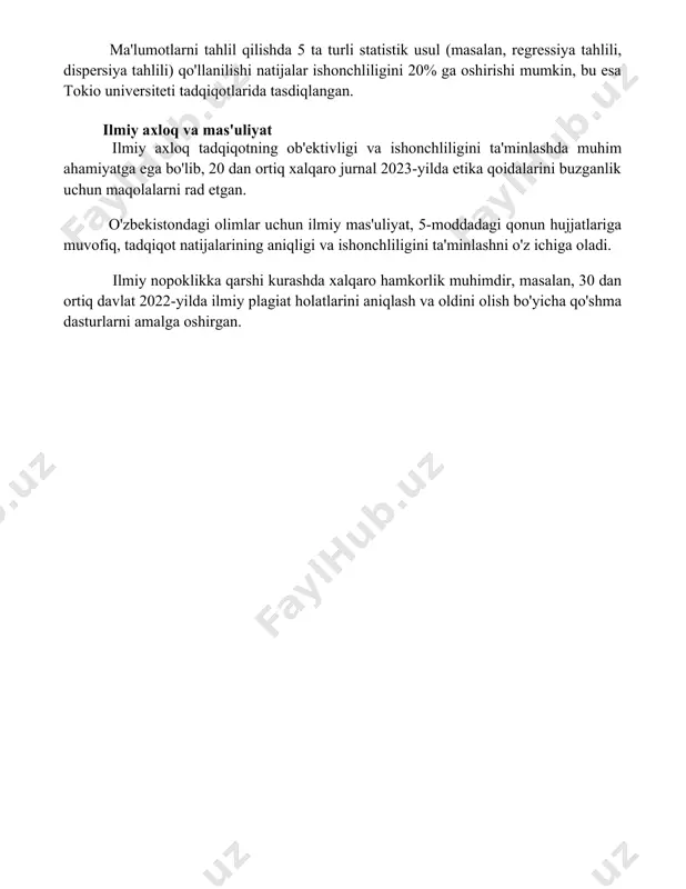 sb etadi. ma'lumotlarni tahlil qilishda 5 ta turli statistik usul (masalan, regressiya tahlili, dispersiya tahlili) qo'llanilishi natijalar ishonchliligini 20% ga oshirishi mumkin, bu esa tokio universiteti tadqiqotlarida tasdiqlangan. ilmiy axloq va mas'uliyat ilmiy axloq tadqiqotning ob'ektivligi va ishonchliligini ta'minlashda muhim ahamiyatga ega bo'lib, 20 dan ortiq xalqaro jurnal 2023-yilda etika qoidalarini buzganlik uchun maqolalarni rad etgan. o'zbekistondagi olimlar uchun ilmiy mas'uliyat, 5-moddadagi qonun hujjatlariga muvofiq, tadqiqot natijalarining aniqligi va ishonchliligini ta'minlashni o'z ichiga oladi. ilmiy nopoklikka qarshi kurashda xalqaro hamkorlik muhimdir, masalan, 30 dan ortiq davlat 2022-yilda ilmiy plagiat holatlarini aniqlash va oldini olish bo'yicha qo'shma dasturlarni amalga oshirgan. 📌xulosa илмий фикрлаш малакаларини ривожлантириш жараёни тафаккурнинг мустақиллиги, танқидийлиги ва ижодийлигини шакллантириш, муаммоларни ечишда илмий ёндашувни қўллашга имкон беради. бу эса шахснинг интеллектуал салоҳиятини оширишга хизмат қилади. 📚foydalanilgan adabiyotlar 1. challis, b. (2011). ilmiy fikrlashni rivojlantirish: amaliy qo'llanma. (ilmiy fikrlashni rivojlantirish: amaliy qo'llanma tarjimasi) 2. paul, r., elder, l. (2006). kritik …