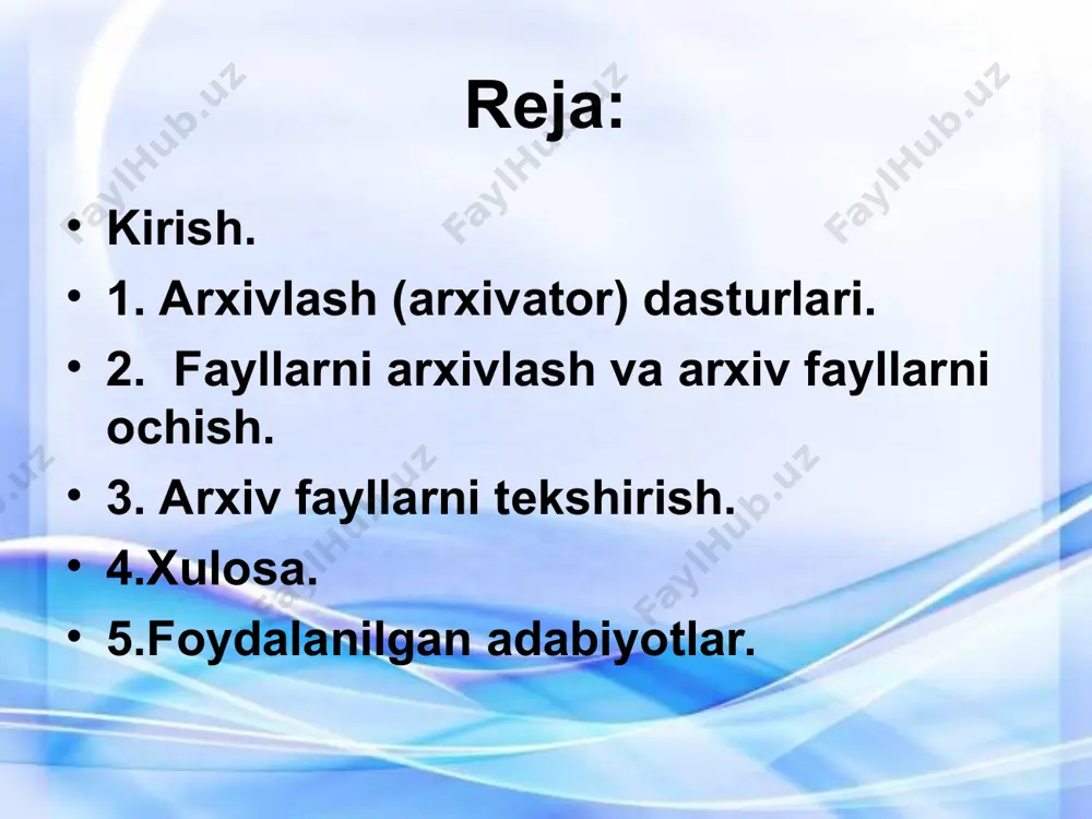 huning uchun ham arxivlashda siqish darajasi tushunchasi kiritilgan. arxivlashda siqish darajasi deganda, faylning siqilgandan keyingi hajmining uzunligining boshlang’ich hajmi nisbatiga aytiladi. masalan, faylning boshlang’ich hajmi 100 kb bo`lib, uning siqilgandai keyingi hajmi 10 kb bo`lsa, arj arxivatori siqish darajasini 10 foiz deb, rkzir arxivatori esa 90 foiz deb (boshlang’ich hajm necha foizga qisqarganligini) ko`rsatadi. arj arxivatori yordamida har qanday o`lchamdagi va har qanday hajmdagi fayllarni bir necha xil usul bilan siqish mumkin. tomlarga bo`lib arxivlash qism kataloglar bilan birgalikda arxivlash, yuqori zichlikda arxivlash, o`zi ochiladigan qilib arxivlash, parol’ qo`yib arxivlash va hokazolar shular jumlasidandir. arxiv fayl yagona faylga joylashtirilgan va kerak bo`lgan paytda muayyan holatdan avvalgi holiga qaytarish mumkin bo`lgan, bir yoki bir nechta fayllar to`plamini siqilgan holda o`zida mujassamlashtirgan fayldir. bir narsani yodda tutish kerakki, arxivlangan fayl o`z holiga qaytarilmasa, ya`ni arxivdan ochilmasa, uni ishlatish mumkin emas. ko`p tomli arxivlar ba`zan paytlarda katta o`lchamdagi fayl yoki fayllar to`plamini bo`laklarga …