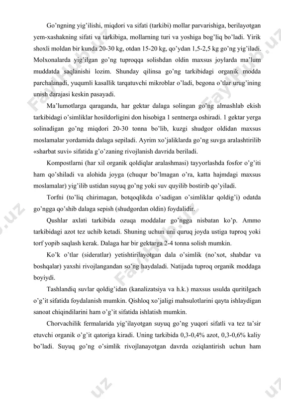 rga 2-4 tonna solish mumkin. ko’k o’tlar (sideratlar) yetishtirilayotgan dala o’simlik (no’xot, shabdar va boshqalar) yaxshi rivojlangandan so’ng haydaladi. natijada tuproq organik moddaga boyiydi. tashlandiq suvlar qoldig’idan (kanalizatsiya va h.k.) maxsus usulda quritilgach o’g’it sifatida foydalanish mumkin. qishloq xo’jaligi mahsulotlarini qayta ishlaydigan sanoat chiqindilarini ham o’g’it sifatida ishlatish mumkin. chorvachilik fermalarida yig’ilayotgan suyuq go’ng yuqori sifatli va tez ta’sir etuvchi organik o’g’it qatoriga kiradi. uning tarkibida 0,3-0,4% azot, 0,3-0,6% kaliy bo’ladi. suyuq go’ng o’simlik rivojlanayotgan davrda oziqlantirish uchun ham ishlatilishi mumkin. sabzavot o’simliklar ekiladigan yerlarga go’ng shudgordan oldin solingani ma’qul. mineral o’g’itlar tarkibida o’simlik uchun zarur bo’lgan ozuqa moddalar kimyoviy usul bilan yaratiladi. mineral o’g’itlar tuproqqa solinganda shakllanishi mumkin bo’lgan muhitga qarab quyidagilarga bo’linadi: a) fiziologik nordon o’g’itlardan o’simlik jadal suratda kationni o’zlashtiradi, anion esa tuproq eritmasiga o’tadi (ammoniyli sulfat, kaliyli xlorid, kaliyli sulfat, ammoniyazotli o’g’it va mochevina); b) fiziologik-ishqoriy o’g’itlardan o’simlik anionni o’zlashtiradi, kation esa yig’ilib tuproq muhitini ishqoriylashtiradi …
