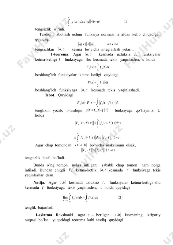 bir nuqtasida nolga yaqinlashsin: u holda istalgan ketma-ketlik uchun tenglik o’rinli. isbot. (5) tenglik bajarilmasin deb faraz qilaylik. u holda , (4) shartga ko’ra funksiyalar manfiy bo’lmaganligi sababli, shunday musbat son o’suvchi nomerlar ketma-ketligi topiladiki, tengsizlik bajariladi. ravshanki, ketma-ketlik chegaralangan va demak, bolsano-veyershtrass teoremasiga asosan, uning biror qism ketma-ketligi yaqinlashuvchi bo’lib, bu ketma-ketlikning limit nuqtasi kesmaga tegishli bo’ladi. bundan tashqari, (4) kamayuvchilik shartiga ko’ra , istalgan n nomer uchun bo’lganda tengsizlik o’rinli. endi deb limitga o’tib, ni va funksiyaning uzluksizligini hisobga olsak, tengsizlikka ega bo’lamiz. hosil bo’lgan tengsizlik (4) shartga ziddir, chunki bu shartga ko’ra, da bo’lishi lozim. 3-teorema ( u.dini). faraz qilaylik, kesmada uzluksiz funksiyalar ketma-ketligi n bo’yicha monoton o’suvchi, ya’ni bo’lib, shu kesmaning har bir nuqtasida yaqinlashsin. agar limit funksiya kesmada uzluksiz bo’lsa, u holda yaqinlashish shu kesmada uzluksiz bo’ladi. isbot. quyidagi munosabatni isbotlash yetarli. demak, agar desak, munosabatni ko’rsatishimiz zarur. shartga ko’ra, funksiyalar uzluksiz bo’lib, ular manfiy …