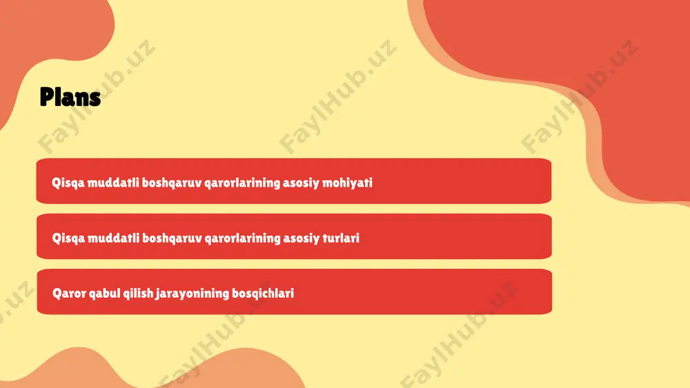 uddatli boshqaruv uchun muhimdir. bu jarayon to'rt asosiy bosqichdan iborat: 1. ma'lumot to'plash: bu bosqichda kerakli ma'lumotlar yig'iladi, bu esa keyingi tahlilning asosini tashkil etadi. 2. tahlil qilish: yig'ilgan ma'lumotlar tahlil qilinadi, bu qarorlar va strategiyalarni shakllantirishda yordam beradi. 3. qaror qabul qilish: tahlil natijalariga asoslanib, eng maqbul qarorlar qabul qilinadi. 4. amalda oshirish: qabul qilingan qarorlar amalga oshiriladi va natijalar kuzatiladi. har bir bosqichning ahamiyati, qaror qabul qilish jarayoni davomida aniq va samarali yo'nalish belgilashga yordam berishidir. qaror qabul qilishda foydalaniladigan metodlar va usullar orasida statistik tahlil, brainstorming va swot tahlili keng qo'llaniladi. qarorlar va risklar qisqa muddatli boshqaruv qarorlarida risklarni boshqarish juda muhimdir, chunki bu qarorlar tezda amalga oshirilishi va natijalarini tezda ko'rsatishi kerak. risklar uch xil turga bo'linadi: moliyaviy risklar, operativ risklar va strategik risklar. 1. **risk turlari:** - **moliyaviy risklar:** kirim va xarajatlar o'rtasidagi muvozanatsizlik. - **operativ risklar:** ichki jarayonlar va resurslar bilan bog'liq muammolar. - …