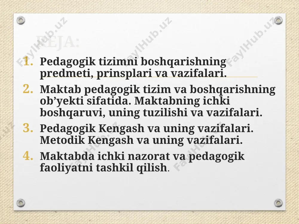 tirish, tashkil qilish, sozlash (kordinatsiya qilish), nazorat qilish, hisob-kitob qilish kiradi. rejalashtirish - boshqariluvchi ob`ektlarni rivojlantirish va modellashtirishni, prognoz qilishni ham o`z ichiga oladi. tashkil qilish - ishlab chiqarish ob`ektining tuzilishini va boshqaruv tuzilishini tanlab olish hamda shakllantirishdir. tizimning tuzilishi elementlari o`rtasidagi munosabatlarini va ularning o`zaro harakatini belgilashdir. nazorat qilish - ishlab chiqarishning amaldagi jarayonini va taraqqiyotini rejaga qanchalik muvofiqligini kuzatib va tekshirib turishdan iboratdir. nihoyat, hisob-kitob qilish esa rejani yoki uni amalga oshirishdagi muayyan bosqichlarning qanday bajarilayotganligiga yakun yasashdir. hisobga olish, axborotlarni yakunlashga, uni tizimga solishga imkon beradi. shuningdek, u mazkur tizimning keyingi davrga mo`ljallangan ish dasturini ishlab chiqish uchun axborot bazasidan to`liq foydalanishga imkon beradi. maktabda boshqaruv mehnati bilan shug’ullanuvchi kishilar (maktab direktori, direktorning o`quv tarbiya va xo`jalik ishlari bo`yicha o`rinbosarlari, ma`naviyat bo`yicha o`rinbosari, metod birlashma rahbarlari, kasaba uyushmasi tashkilotining raisi) boshqaruv apparatlarini tashkil etadi. boshqarishning barcha bo`g’in va bosqichlaridagi xodimlar ham shu apparatga mansubdirlar. boshqaruv apparatining bir …