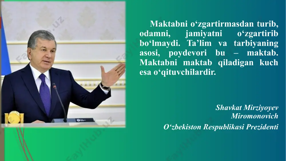 an qanday ishlash kerakligi haqida tavsiyalar berilgan. hind ta’lim tizimi va uning o‘ziga xos xususiyatlari sardor ixtiyor o‘g‘li doniyev chirchiq davlat pedagogika instituti tayanch doktoranti; "educational reforms in india: challenges and prospects" - hindiston ta‘lim tizimidagi islohotlar va ularning samaradorligi haqida ma‘lumotlar. "change leadership: a practical guide to transforming our schools" - aqsh maktablarida o‘zgarishlarni boshqarish va liderlik qobiliyatlarini rivojlantirish bo‘yicha tavsiyalar. "the principal's guide to managing school personnel" - maktab xodimlari bilan ishlash va o‘zgarishlarga qarshi bo‘lganlikni yengish usullari. maktabda o‘zgarishlarga qarshi bo‘lgan xodimlar bilan samarali ishlash orqali, o‘zgarishlarga erishish va ta’lim sifatini oshirish. maqsad ta’limda olib borilayotgan asosiy islohatlar: “umumta’lim maktablarida o‘quvchilar bilimini baholash jarayonini raqamlashtirish va ta’lim jarayonida shaffoflikni ta’minlash to‘g‘risida” o‘zbekiston respublikasi xalq ta’limi vazirining 2022- uil, 24 - iyundagi 205- son buyrug‘i. vazirlar mahkamasining 2021-yil 17-sentabrdagi 572-son qarori. o‘zbekiston respublikasi vazirlar mahkamasining 2024- yil 6- maydagi 263- son qarori. “xalq taʼlimi vaziri jamg‘armasi faoliyatini tashkil …