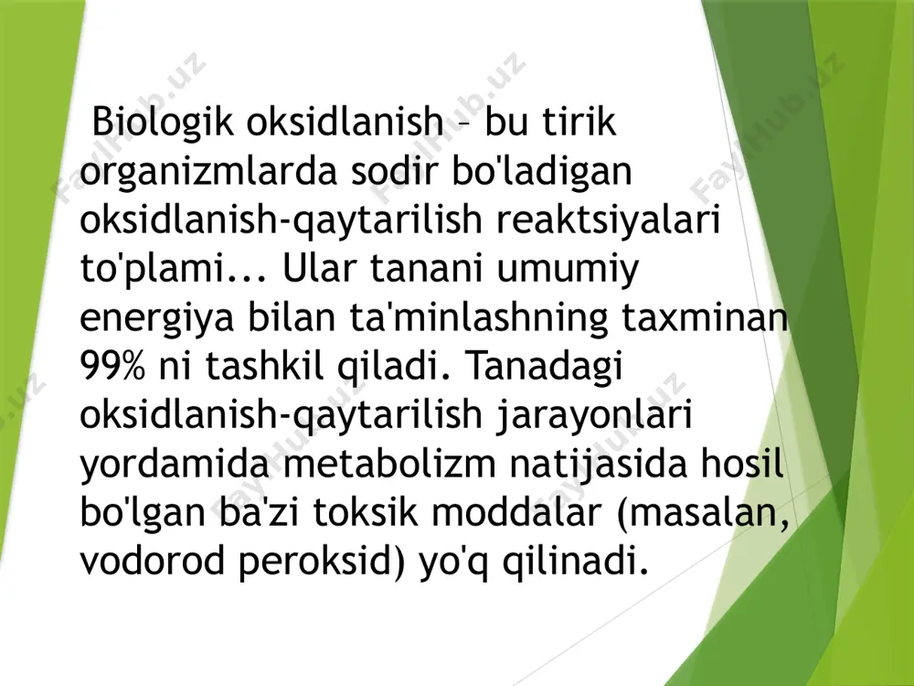 osfat kislota (adf) va fosfat kislotadan adezontrifosfat kislotaning (atf) sintezlanish jarayoni. bu koʻpincha nafas olish zanjiridagi fosforlanish deb ham ataladi. oksidlanishli fosforlanish natijasida xujay-rada koʻp miqdorda energiyaga boy makroergik birikma — atf toʻplanadi. biologik oksidlanish jarayonlarining turlari: 1) aerob (mitoxondriyal) oksidlanish kislorod ishtirokida oziq moddalardan energiya olish va uni atp shaklida saqlash uchun mo'ljallangan. aerob oksidlanish ham deyiladi to'qimalarning nafasi, chunki uning oqimi paytida to'qimalar kislorodni faol iste'mol qiladi. 2) anaerob oksidlanish kislorod ishtirokisiz moddalar energiyasini ajratib olishning yordamchi usuli. anaerob oksidlanish kislorod etishmovchiligi bilan, shuningdek mushaklarning intensiv ishini bajarishda katta ahamiyatga ega. 3) mikrosomal oksidlanish dorilar va zaharlarni zararsizlantirish, shuningdek, turli xil moddalarni sintez qilish uchun mo'ljallangan: adrenalin, norepinefrin, teridagi melanin, kollagen, yog 'kislotalari, safro kislotalari, steroid gormonlari. 4) erkin radikal oksidlanish hujayra membranalarining yangilanishi va o'tkazuvchanligini tartibga solish uchun zarur . e`tiboringiz uchun rahmat! image1.jpeg image2.jpeg image3.png image4.jpg