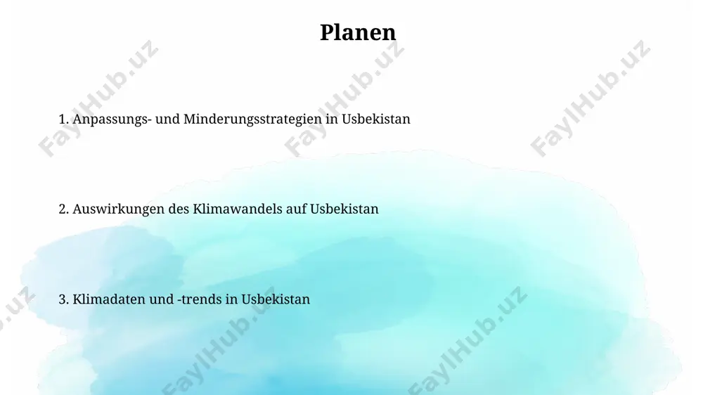 trieren sich hauptsächlich auf die frühlings- und herbstmonate, während die sommer tendenziell sehr trocken sind, was zu wasserknappheit und dürreperioden führen kann. usbekistan weist große regionale unterschiede in den niederschlagsmengen auf, wobei die westlichen gebiete durchschnittlich weniger als 200 mm pro jahr erhalten, während die bergigen regionen im osten über 1000 mm erreichen können. klimawandel in usbekistan: auswirkungen hitzewellen mit temperaturen über 40°c dauern länger an und treten häufiger auf, was zu einer erhöhten mortalität, insbesondere bei älteren menschen, und zu ernteausfällen führt. die gletscherschmelze im tienschan-gebirge reduziert die wasserressourcen usbekistans um geschätzte 5-10% pro jahrzehnt, mit gravierenden folgen für die bewässerungslandwirtschaft. auswirkungen der höhenlage auf das klima in den hochgebirgsregionen usbekistans, über 3000 metern, herrschen kontinentale hochgebirgsklimate mit langen, kalten wintern und kurzen, kühlen sommern vor, im gegensatz zu den niederen lagen. die höhenlage beeinflusst die temperatur in usbekistan stark; ein höhenunterschied von 1000 metern führt zu einer temperaturabnahme …