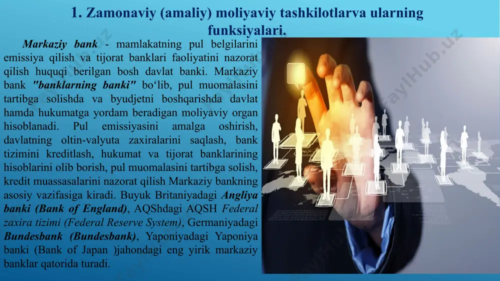 kka bu aktivlarni o‘z narxidan past narxlarda sotishga to‘g‘ri kelishini bildiradi. agar qaysidir bankda omonatchilar bilan hisob-kitob qilish uchun mablag‘ yetishmasa, “yuqtirish riski” paydo bo‘ladi va yuqorida keltirilgan holat boshqa muassasalarda ham takrorlanishi mumkin. biroq “yuqtirish” muammosi “naqdga yopishish” deb ataladigan holatda, ya’ni odamlar hech bir bankda omonatlarini qoldirmasdan, ularni naqd pul ko‘rinishida ushlab turishga harakat qilishgan taqdirda umumiy moliyaviy tizimga xavf solishi mumkin. mintaqaviy va butundunyoviy moliyaviy tashkilotlar xalqaro valyuta-kredit va moliya munosabatlarining institutsional tuzilishi o‘ziga ko‘plab xalqaro tashkilotlarni qamrab oladi. ulardan ba’zilari ko‘pgina vakolatlarga hamda yuqori miqdordagi moliyaviy resurslarga ega bo‘lgan holda xalqaro valyuta-kredit va moliya munosabatlarini tartibga solishni amalga oshiradi. boshqalari esa, hukumatlararo muhokama etish uchun forumlar tashkil etish hamda valyutakredit va moliya siyosati bo‘yicha tavsiyalar ishlab chiqish bilan shug‘ullanadi. xalqaro moliya tashkilotlari o‘zida jahon iqtisodiyoti barqarorligini ta’minlash uchun moliya va valyuta-kredit munosabatlarini tartibga solish maqsadlarida davlatlararo kelishuv asosida tashkil etilgan xalqaro tashkilotlarni ifodalaydi. xalqaro moliya tashkilotlarining …