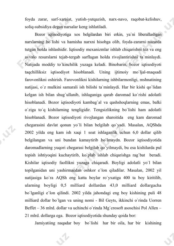 farovon yashashiga bog`liq. bu qoidaning yuzaga chiqishiga bozor mexanizmi xizmat qiladi. chunki, u ishlab chiqarishni rivojlantiruvchi kuch hisoblanadi. bozor iqtisodiyotining turlari bozor iqtisodiyotining yashovchan va istiqboli bo`lishi sabablaridan biri uning inson ezgu niyatlarini amalga oshira olishida. kishilarning shaxsiy manfaati «o`zim bo`lay» degan so`zni yuzaga chiqaradi. bozor iqtisodiyoti har bir kishining shaxsiy manfaatini o`zgalar manfaati bilan bog`lay oladi. kishilarshshg o`ziga naf keltiruvchi ishi boshqalarga ham ma`qul tushadi. masalan, tovarni ishlab chiqarish va sotishdan foyda ko`rish uchun uni bozorbop qilib, ya`ni boshqalarning talab — ehtiyojini qondira oladigan qilib yaratish zarur, o`zgalar manfaatini bozor orqali hisobga olmagan kishi o`z manfaatiga erisha olmaydi. kishilardagi «o`zim bo`lay» degan harakat ularda mulk sohibi bo`lish ishtiyoqini yuzaga ksltiradi. inson tabiatiga eng mos tushadigan mulk bu xususiy mulkdir. kishilar qanchalik «o`zim bo`lay» demasin, baribir o`zlari tanho yashay olmaydilar. ular albatta ayirboshlash yuzasidan aloqaga kirishadilar. shu xislat bilan odam boshqa tirik jonzodlardan ajralib turadi. insondagi ayirboshlashga bo`lgan moyillikni na …