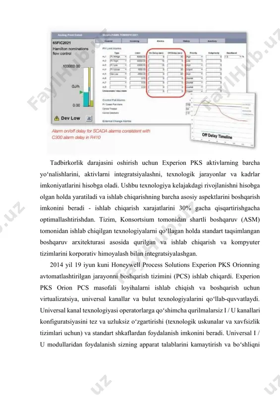 r qilishga imkon beradi, bu esa loyihani etkazib berish vaqtida uskunaning yanada dolzarb konfiguratsiyasini olish imkonini beradi. nazorat savollari: 1. experion pks tizimi xaqida nimalarni bilasiz? 2. experion pks tzimining sanoat korxonalarida ishlatilishini izohlang/ 3. tizimning xususiyatlari nimalardan tashkil qilgan? asosiy adabiyotlar 1. stephen j. chapman matlab programming for engineers. – new york: cl engineering usa, 2015. -456r. 2. keith stouffer, joe falco, karen kent. guide to supervisory control and data acquisition (scada) and industrial control systems security. – gaithersburg: national institute of standards and technology gaithersburg, 2006. - 164 p. 3. t.dadajonov, m.muxitdinov. matlab asoslari. - toshkent: fan, 2008. 631 b. 4. a.n. yusupbekov, f.t. adilov, v.m. dozorsev tipik texnologik obyektlarni imitasion modellashtirish va boshqarish malakali kopyuter treningi. -toshkent: tafakkur bo’stoni, 2016. – 196 b. 5. a.n. yusupbekov, f.t. adilov, v.m. dozorsev imitatsionnoe modelirovanie tipovыx texnologicheskix ob’ektov i kompyuternыy trening navыkam upravleniya.-tashkent: tafakkur bo’stoni, 2015. – 204s. 6. frolov …