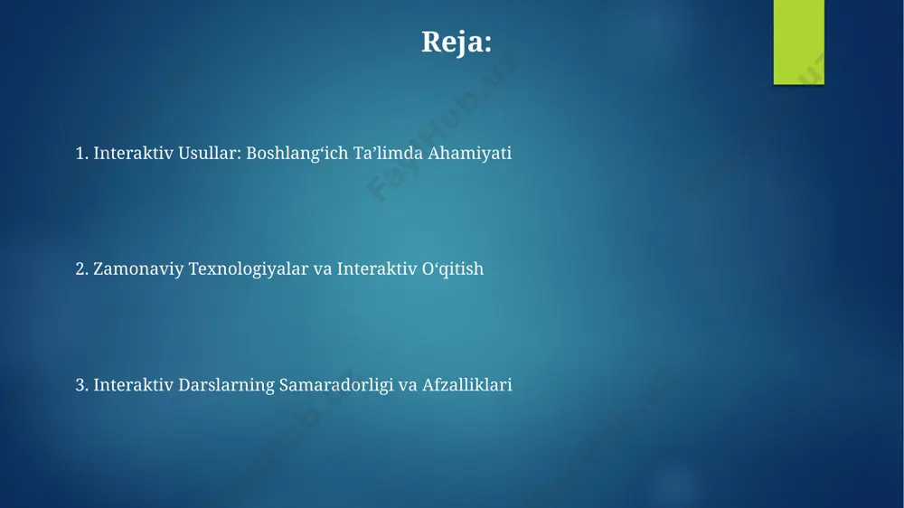 di, an'anaviy usullar bilan solishtirganda. zamonaviy ta'lim talablariga muvofiqligi andijon viloyatida o'tkazilgan tadqiqotlar shuni ko'rsatdiki, interaktiv ta'lim texnologiyalarining qo'llanilishi o'quvchilarning faol ishtirokini 90% ga oshirib, natijalarni 20% yaxshilaydi. zamonaviy ta'limning 21-asr ko'nikmalariga, jumladan, muammo yechish va kritik fikrlashga (taxminan 70% o'quv rejasida) urg'u berishi, interaktiv usullarni samarqanddagi maktablarda qo'llash samaradorligini oshiradi. interaktiv usullar ta'limining asosi 2018 yilda toshkentdagi eksperimental maktabda o'tkazilgan 5-sinf darslarini tahlil qilish shuni ko'rsatdiki, interaktiv ta'lim usullari qo'llanilgan guruhlarda o'quvchilarning faolligi 30% ga oshgan. surxondaryo viloyatidagi 150 nafar o'quvchi bilan o'tkazilgan so'rovnoma natijalari shuni ko'rsatdiki, interaktiv darslar an'anaviy darslarga nisbatan 2 barobar ko'proq yoqadi va ularni yaxshiroq tushunishga yordam beradi. kritik fikrlashni shakillantirish andijon viloyatida o'tkazilgan 2021-yilgi sinov loyihasida 250 nafar 3-sinf o'quvchisiga interaktiv usullar orqali "kritik fikrlash" bo'yicha mashg'ulotlar o'tkazildi va natijalar ijobiy baholandi. o'zbekistonning 2020-yilgi ta'lim standartlariga ko'ra, 1-4 sinf o'quvchilarida muammoli vaziyatlarni hal qilish va mustaqil fikrlash ko'nikmalarini shakllantirishga 30% dan ortiq vaqt ajratilishi …