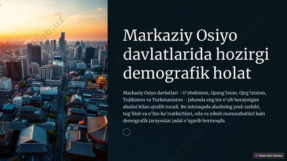 ishiga ko‘paygan. har kuni o‘rtacha 2,1 ming kishiga ko‘paymoqda. 4 o‘zbekiston hozirda tug‘ilish darajasi bo‘yicha mdh davlatlari orasida tojikiston bilan birga yuqori o‘rinlarni egallaydi. aholining 57 foizi mehnatga layoqatli yoshdagilar, 32 foizi mehnatga layoqatli yoshdan kichiklar, 11 foizi keksalar hisoblanadi. hozirgi vaqtda o‘rtacha umr ko‘rish 74,3 yoshni tashkil etadi, shundan ayollarda 76,6 yosh, erkaklarda 72,1 yosh. mustaqillik yillarida bu ko‘rsatkich 7,9 yilga o‘sgan. o‘zbekiston aholi soni bo‘yicha dunyo davlatlari orasida 43-o‘rinni egallaydi. respublikada aholi ancha zich yashaydi va 1 kilometr kvadrat hududga 78,7 kishi to‘g‘ri keladi. s . 5 qozog‘iston respubliksi aholisi. qozog‘iston aholisi 1987 yilda 16 milliondan oshgandi. 1994 yilgacha aholi ko‘paymadi va shu holida turdi. ya’ni mamlakatdan ko‘p sonli ruslar, nemislar, chechenlar va boshqa millatlar ko‘chib ketgan bo‘lsa, ularning o‘rniga rossiya, mongoliya, xitoy, qirg‘iziston, o‘zbekiston va turkmanistondan ko‘plab qozoqlar ko‘chib kirishdi. shu tariqa aholi soni o‘smagan bo‘lsa ham muvozanat saqlandi. biroq 1995 yildan boshlab negadir aholi soni keskin …