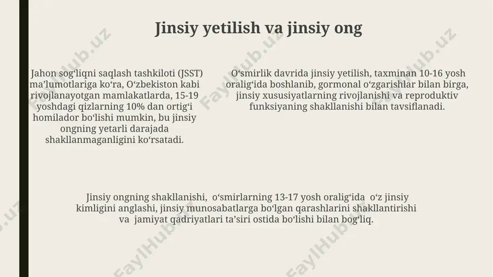 lim va o'qishga bo'lgan munosabat toshkentdagi maktablarda o'tkazilgan tadqiqotlar shuni ko'rsatdiki, o'smirlarning 30% i o'qishga bo'lgan munosabatlarini o'zlarining ijtimoiy-hissiy holatlari, ya'ni do'stlari va oilaviy muhitlariga bog'laydi. samarqand viloyatida o'tkazilgan so'rovnomalarda aniqlandiki, o'smirlarning 75% ga yaqini o'qishni faqatgina imtihonlarga tayyorgarlik sifatida qarashadi, chuqurroq tushunish va bilimlarni egallashga kam e'tibor berishadi. o'smirlik davrida, taxminan 13-16 yosh oralig'ida, o'quv faoliyatiga bo'lgan qiziqish sezilarli darajada o'zgaradi, ba'zi o'quvchilar akademik muvaffaqiyatsizliklarga duch kelishsa, boshqalari esa yuqori natijalarga erishadi, bu esa 50% gacha farqni tashkil qilishi mumkin. depressiya va xavotir oʻzbekiston sogʻliqni saqlash vazirligi maʼlumotlariga koʻra, oʻsmirlar orasida xavotir buzilishi diagnostikasi soni soʻnggi 5 yilda 25% ga oshgan. depressiya va xavotir oʻsmirlarning oʻqishdagi samaradorligiga salbiy taʼsir koʻrsatib, oʻrtacha ballarni 10-15% ga pasaytirishi va maktabdan chiqib ketish xavfini oshirishi mumkin. oʻsmirlik davrida depressiya va xavotirga chalinish xavfi 15-19 yosh oraligʻida 20% ga yetganligi va bu koʻrsatkich aqshning baʼzi shtatlarida ancha yuqori ekanligi kuzatilgan. o'smirlik davridagi inqirozlar va …