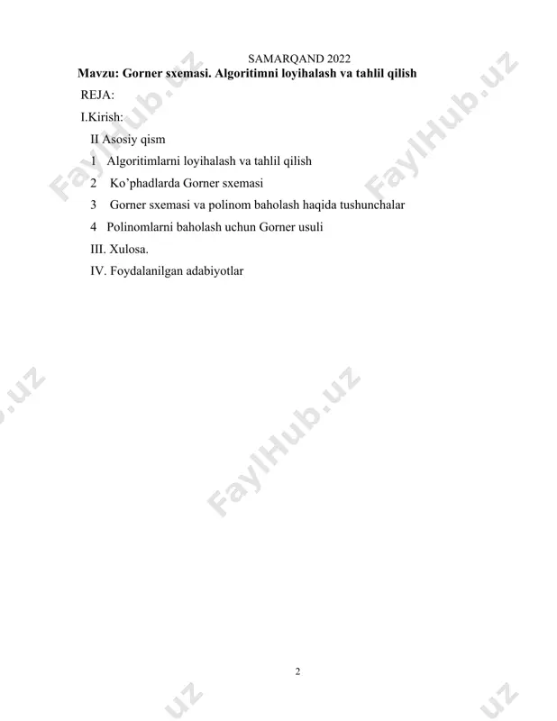 dastur tezligini ma`lum darajada pasaytiradi. algoritmning asosiy xossalari. algoritmning 5-ta asosiy xossasi bor: diskretlilik (cheklilik). bu xossaning mazmuni algoritmlarni doimo chekli qadamlardan iborat qilib bo’laklash imkoniyati mavjudligida. ya’ni uni chekli sondagi oddiy ko’rsatmalar ketma-ketligi shaklida ifodalash mumkin. tushunarlilik. biz kundalik hayotimizda berilgan algoritmlar bilan ishlayotgan elektron soatlar, mashinalar, dastgohlar, kompyuterlar, turli avtomatik va mexanik qurilmalarni, telifonlar, turli xil electron mashinalar vahakazolarni ko’ramiz. ijrochiga tavsiya etilayotgan ko‘rsatmalar, uning uchun tushinarli mazmunda bo‘lishi shart, aks holda ijrochi oddiygina amalni ham bajara olmaydi. undan tashqari, ijrochi har qanday amalni bajara olmasligi ham mumkin. har bir ijrochining bajarishi mumkin bo‘lgan ko‘rsatmalar yoki buyruqlar majmuasi mavjud, u ijrochining ko‘rsatmalar tizimi (sistemasi) deyiladi. demak, ijrochi uchun berilayotgan har bir ko’rsatma ijrochining ko’rsatmalar tizimiga mansub bo’lishi lozim. ko’rsatmalarni ijrochining ko’rsatmalar tizimiga tegishli bo’ladigan qilib ifodalay bilishimiz muhim ahamiyatga ega. masalan, quyi sinfning a’lochi o‘quvchisi "son kvadratga oshirilsin" degan ko‘rsatmani tushinmasligi natijasida bajara olmaydi, lekin "son o‘zini o‘ziga …