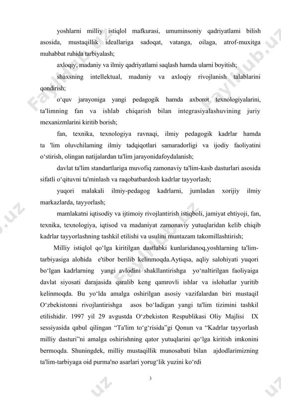 'lim tizimini tashkil etilishidir. 1997 yil 29 avgustda o‘zbekiston respublikasi oliy majlisi ix sessiyasida qabul qilingan “ta'lim to‘g‘risida”gi qonun va “kadrlar tayyorlash milliy dasturi”ni amalga oshirishning qator yutuqlarini qo‘lga kiritish imkonini bermoqda. shuningdek, milliy mustaqillik munosabati bilan ajdodlarimizning ta'lim-tarbiyaga oid purma'no asarlari yorug‘lik yuzini ko‘rdi tadqiqotning maqsadi: sharq allomalari me'rosida yoshlarni ma'naviy tafakkurini shakllantirish haqidagi ilg‘or qarashlarini o‘rganishning metodlari, mezonlari va mexanizmini ishlab chiqish hamda amaliyotga tadbiq etish yo‘llarini aniqlash. kurs ishining ob'ekti: sharq allomalari me'rosida yoshlarni ma'naviy tafakkurini shakllantirishning o‘ziga xos xususiyatlarini o‘rganish jarayonlari faoliyati kurs ishining predmeti: sharq allomalari me'rosida yoshlarni ma'naviy tafakkurini shakllantirishning mazmuni, mohiyati va usullari. kurs ishining metodi. mazkur mavzuga oid falsafiy, sotsiologik, tarixiy, pedagogik va psixologik metodik adabiyotlarni o‘rganish; suhbat, kuzatish, anketa-so‘rovnomalar, trening, debat, muammo yuzasidan to‘plangan pedagogik tajribalarni o‘rganish va tahlil qilish. kurs ishining vazifalari: 1. sharq allomalari me'rosi asosida yoshlarni ma'naviy tafakkurini shakllantirishning o‘ziga xos xususiyatlari 2. sharq allomalari me'rosi asosida yoshlarni …