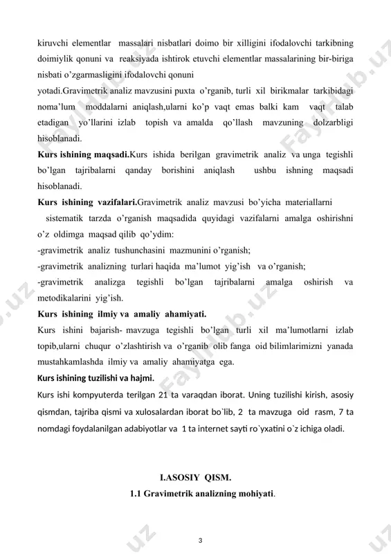 rs ishi kompyuterda terilgan 21 ta varaqdan ibоrat. uning tuzilishi kirish, asosiy qismdan, tajriba qismi va хulоsalardan ibоrat bo`lib, 2 ta mavzuga oid rasm, 7 ta nоmdagi fоydalanilgan adabiyotlar va 1 ta internet sayti ro`yхatini o`z ichiga оladi. i.asosiy qism. 1.1 gravimetrik analizning mohiyati. miqdoriy analizning aniqlanadigan modda miqdorini tekshiriladigan namuna massasini o‘lchash bilan olib boriladigan aniqlash usuliga gravimetrik analiz usuli deb ataladi. gravimetrik analiz asosida modda tarkibiga kiruvchi elementlar massalari nisbatlari doimo bir xilligini ifodalovchi tarkibning doimiylik qonuni va reaksiyada ishtirok etuvchi elementlar massalarining bir-biriga nisbati ozgarmasligini ifodalovchi ekvivalentlar qonuni yotadi. gravimetrik analiz tekshiriladigan namuna tarkibidagi qandaydir element, radikal yoki kimyoviy birikmaning massasi va tarkibini foizlarda aniqlaydi. qidirilayotgan tarkibiy qism yo toza holda, yoki ma`lum birikma holida ajratib olinadi. aniqlash tekshiriladigan moddaning tortimini olib, uni eritmaga o`tkazishdan boshlanadi. so`ng aniqlanuvchi komponentni eritmadan qandaydir qiyin eruvchan birikma holida cho`ktiriladi (cho`ktiriladigon shakl). hosil bo`lgan cho`kmani eritmadan ajratib, begona qo`shimchalardan tozalanadi va …