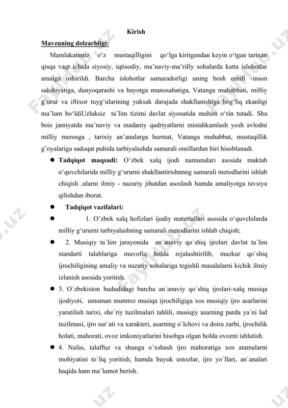 rning parda ya`ni lad tuzilmasi, ijro sur`ati va xarakteri, asarning o`lchovi va doira zarbi, ijrochilik holati, mahorati, ovoz imkoniyatlarini hisobga olgan holda ovozni ishlatish. · 4. nafas, talaffuz va shunga o`xshash ijro mahoratiga xos atamalarni mohiyatini to`liq yoritish, hamda buyuk ustozlar, ijro yo`llari, an`analari haqida ham ma`lumot berish. 5. musiqa darslarida xalq qo`shiqlarini kuylashning shakl va usullarini ishlab chiqish. tadqiqotning ilmiy yangiligi: o’zbek xalq hofizlari ijodini o’rganish misolida milliy g‘ururni shakllantirish pedagogik muammo sifatida tadqiq etiladi; milliy gururni shakllantirishning pedagogik shart- sharoitlari ishlab chiqiladi; maktab o‘quvchilarida milliy g‘ururni shakllantirish mazmuni, shakli, vosita va metodlari aniqlanadi: milliy g‘ururni shakllantirish yuzasidan tegishli tavsiyalar ishlab chiqiladi; i bob. o’zbek xalq hofizlari ijodini tutgan o’rni iii-vii asrlar davomida o’zbek xalqi madaniyati va san’atning har tomonlama mavqeyi yuksala boradi. bu sо‘zlarni isbotlash uchun biz vii-asrlar boshlarida sosoniylar avlodining biri bо‘lmish, eron podshosi xisrav parviz saroyida butun о‘rta osiyoda mashhur xonanda, sozanda va bastakor borbad (yoki …