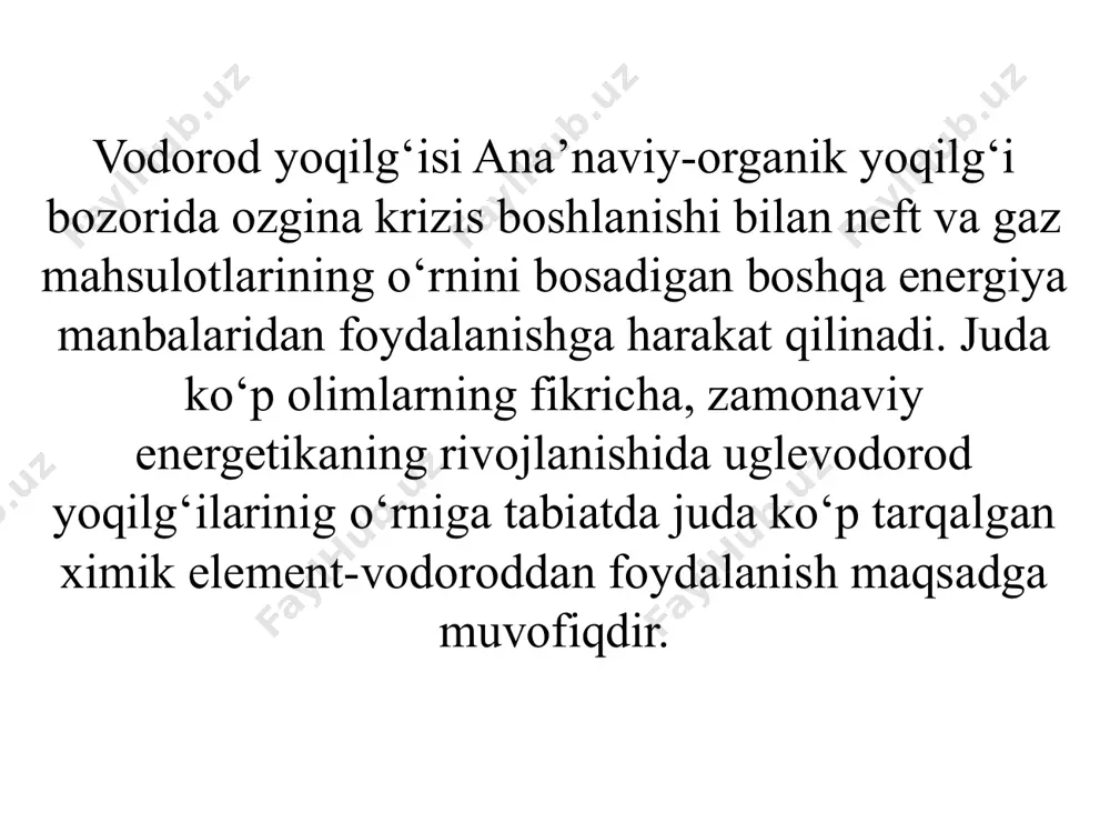organik yoqilg‘ilar bilan konkurensiya qila olmasligini bildiradi. hozirgi kunda dunyodagi juda ko‘p engil avtomobil ishlab chiqaruvchi kompaniyalar vodorod yoqilg‘isi hamda gibrid (benzin+vodorod) yoqilg‘isida harakatga keladigan avtomobillarni ishlab chiqarishni yo‘lga qo‘ymoqda. nemis olimlarinig hisobiga ko‘ra, 21-asrning o‘rtalarida vodorod yoqilg‘isi bilan ishlaydigan avtomobillar yer yuzida 75 % ni tashkil qiladi, qolgan 25 % igina organik yoqilg‘ilardan foydalanadi [46]. bu sohada aqshning daimlyer va honda, xitoyning shanghai hamda nemislarning vw kompaniyalari etakchi o‘rinlarni egallab kelishmoqda. masalan, volorod yoqilg‘isi bilan ishlaydigan honda fcx avtomobilini ko‘rib chiqaylik. to‘liq vodorod yoqilg‘isida ishlaydigan honda fcx avtomobili, 160 km/soatgacha tezlikni oshira oladi va to‘ldirilgan yoqilg‘i baki bilan 500 km masofani o‘ta oladi. uning yoqilg‘i bakiga 5 kg siqilgan vodorod yoqilg‘isi joylashadi. hozirgi kunda 200 dona shunday avtomobillarga ega shaxslar bo‘lib, yana 50 mingdan ortiq avtomobilistlar shu kabi mashinalarga ega bo‘lish istagini bildirishgan. havo tempyeraturasi 300 ga sovub ketganda ham uni birdan o‘t oldirish mumkin. honda fcx avtomobilini 3 …