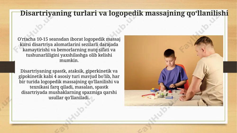 еабилитация самарадорлигини объектив тарзда кузатиш имконини беради. нутқ органларининг мунтазам массажи билан биргаликда, кунига камида 3 марта артикуляция машқларини бажариш дисартрия белгиларини камайтиради. e'tiboringiz uchun rahmat @taqdimot_robot image7.jpg image8.jpg image9.jpg image10.jpg image11.jpg image12.jpg image13.jpg image14.jpg image15.jpg image16.jpg image3.png image4.png