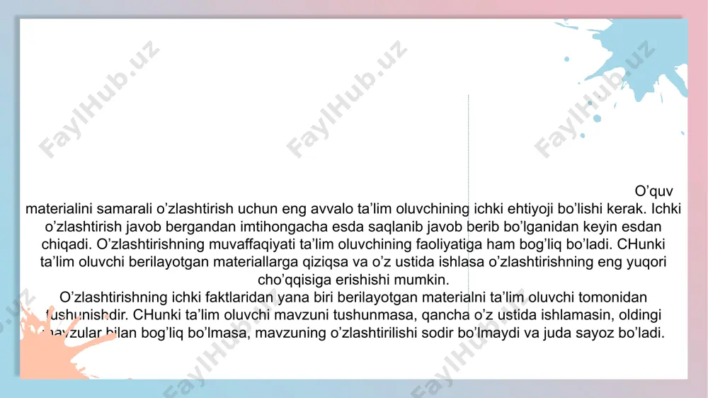 lasiz. bu konsolidatsiya jarayoni orqali amalga oshadi, ya’ni uyqu paytida maʼlumotlar qisqa xotiradan davomiy xotiraga ko‘chadi. ushbu usul sheʼr va xorijiy so‘zlarni yodlashda yaxshigina qo‘l keladi. 12 4. hayotiy misollar bilan bog‘lang metodning mazmuni yangi bilimni allaqachon mavjud tajriba bilan bog‘lashdan iborat. masalan, “konstitutsiya”dan modda yodlayotgan bo‘lsangiz, kimningdir huquqlari buzilgan hayotiy voqeani eslang. marketingga doir ma’lumotlarni yodlash kerak bo‘lsa, bozor munosabatlarida shunga o‘xshash jarayonni toping. bundan tashqari, boshqa ko‘plab hayotiy misollarni keltirish mumkin. 13 5. do‘stingizga tushuntirib bering agar siz biror mavzuni boshqa insonga sodda va yaxshi tushuntira olsangiz, demak, siz o‘sha mavzuni yaxshi o‘zlashtirgan bo‘lasiz. shuning uchun o‘zingizni o‘qituvchidek his qiling va o‘rganilgan maʼlumotni do‘stingizga tushuntirib bering. bu yo‘l bilan mavzuga chuqurroq yondashasiz, qolaversa, ovoz chiqarib gapirish orqali o‘rganilgan mavzuni xotirada yanada yaxshiroq saqlab qolishingiz mumkin. samaradorligi ilmiy jihatdan isbotlangan ushbu metodlardan tashqari, biz ayrim talabalar bilan suhbatlashib, ma’lumotlarni yodda saqlab qolishning yana bir nechta qiziqarli usullarini to‘pladik. directory …
