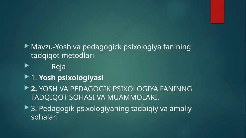 hit, individual xususiyatlar ta ’siri- da turli yosh davrlarida yetuklikka erishishni tavsiflaydi. bu esa turli yosh davrlari o‘zining betakror psixofiziologik tuzilishidan 16 rivojlanish jarayonining psixologiya va pedagogika uchun zarur bo‘lgan xususiyatlari ajratib ko‘rsatilgan. ular quyidagilar: — sifat jihatdan o‘zgarish va yanada mukammalroq bosqich- ga ko‘tarilish; — rivojlanishni qaytara olmaslik (rivojlanish ro‘y bergandan so‘ng, avval mavjud bo‘lgan narsa-hodisalarni to‘laligicha ortga qaytarishning iloji yo‘qligi); — progress va regress elementlarining umumlashmasi (bir so- hadagi progressiv rivojlanish, boshqa bir sohadagi regress yuz berishi mumkinligini bildiradi); — notekis rivojlanish (sifat o‘zgarishlarining tezkor o‘zgarishi, miqdor o‘zgarishi bilan almashadi); — zigzagsimon rivojlanish (yangilanishlarning paydo bolga- nida, natijalar oldingi holatlarga qaraganda, sifat jihatdan yaxshi natija bermasligi. masalan, bola emaklashdan tik turib yurishga o ‘tgan davrda, sekin harakatlanadi va jarohatlar olishi mumkin- ligi ham kuzatiladi); — rivojlanish darajalaridan bosqichlariga o‘tish (yangilanish- lar paydo bo‘lganda, avval o‘zlashtirilgan ko‘nikm alar yo‘qolib ketmaydi, balki yangilanishlar uchun asos sifatida saqlab qolina- di); psixologik …