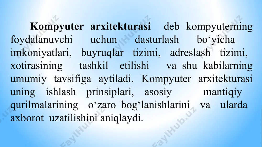 kompyuterda bir necha protsessorning mavjudligi ko‘plab ma‘lumotlar va buyruqlar oqimini parallel ravishda tashkil etish imkonini yaratadi. shunday qilib, parallel ravishda bir necha masalani yechish mumkin. yoki bir masalani bir necha parallel bajariluvchi oqimlarga bo‘lib, qisqa vaqt ichida uning yechimini olish mumkin. bunday mashina strukturasi quyidagi rasmda keltirilgan 3. kompyuterning asosiy bloklari kompyuter quyidagi asosiy bloklardan iborat: тizimli blok. monitor. klaviatura. manipulyatorlar. kompyuterning alohida olingan qurilmalari o‘rtasidagi axborot almashinuvi kompyuterning barcha qurilmalarini bog‘lovchi magistral orqali amalga oshiriladi. тizimli blok. тizimli blok. тizimli blokda kompyuterning asosiy elektron sxemalari joylashtirilgan: mikroprotsessor – hisoblashlarni bajarish va kompyuterni boshqarish qurilmasi; matematik soprotsessor – katta sonlar va kasrli sonlar ustida yuqori aniqlik bilan amallarni bajarish tezligini oshirish uchun. masalan, matematik soprotsessor ko‘p xonali kasr sonlarni suzuvchi vergulli rejimda tasvirlab, ular ustida arifmetik amallarni 5-15 barobar katta tezlikda bajaradi. pentium va undan yuqori versiyali protsessorli kompyuterlarda matematik soprotsessor asosiy protsessor tarkibidan o‘rin olgan. uni alohida asosiy plataga …