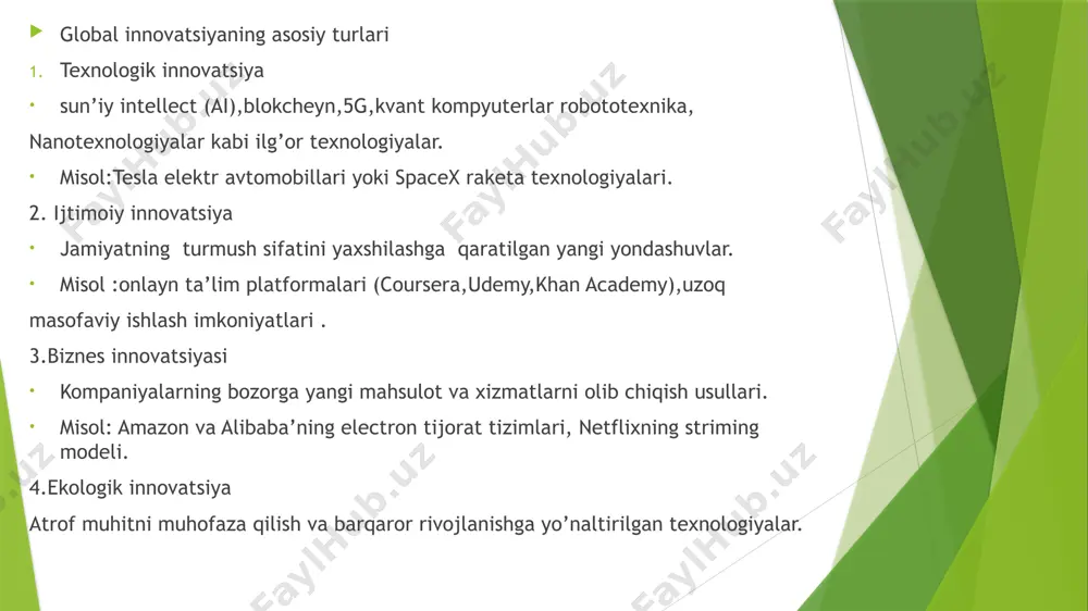 – 60.9ball 7.finlandiya- 59.4 ball 8.niderlandiya- 58.8ball 9.germaniya- 58.1 ball 10. daniya- 57.1 ball ushbu reytingda o’zbekiston 24.7 ball bilan 83- o’rinni egallaydi. gll hisoblash tizimi mamlakatlarning innovatsion salohiyatini baholash uchun maxsus metodologiyaga asoslangan bo’lib, 80 dan ortiq ko’rsatkichlar yordamida hisoblanadi. ushbu indeks ikkita asosiy tarkibiy qismdan iborat: innovatsion resurslar ( input sub-index) –mamlakatda innovatsiyalar uchun yaratilgan sharoitlarni baholaydi. 2. innovatsion natijalar (output sub-index) – mamlakatning innovatsiyalar bo’yicha erishgan real natijalarini ko’rsatadi. har bir mamlakat bo’yicha umumiy gll ballari hisoblanadi va natijalarga qarab reyting hosil qilinadi.eng yuqori ball olgan mamlakatlar eng innovatsion davlatlar deb hisoblanadi.masalan: shveytsariya – 67.5 ball shvetsiya- 64.5 ball aqsh- 62.4 ball ushbu natijalar har yili world intellectual property organization tomonidan e’lon qilinadi. gll hisoblashda mamlakatning innovatsion muhit , ilmiy tadqiqotlar, texnologik rivojlanish va kreativ sohalardagi natijalari baholanadi. natijalar asosida davlatlarning innovatsion reytingi tuziladi va ular o’z rivojlanish strategiyasini shakllantirish uchun foydalaniladi. e’tiboringgiz uchun rahmat /docprops/thumbnail.jpeg