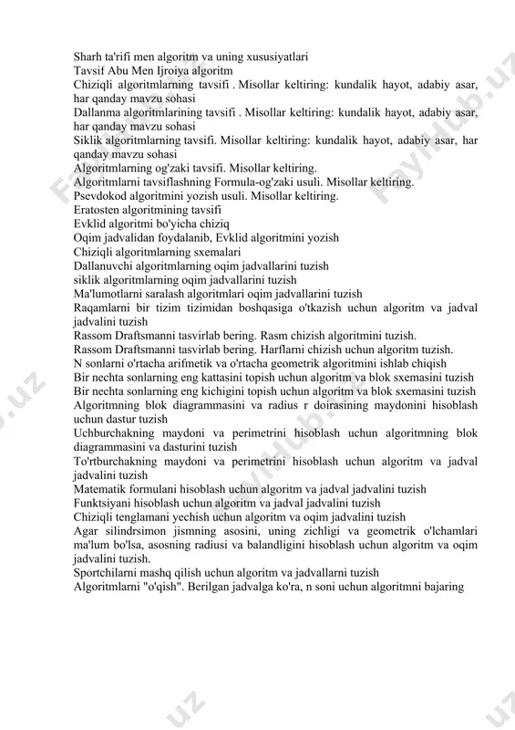 . sportchilarni mashq qilish uchun algoritm va jadvallarni tuzish algoritmlarni "o'qish". berilgan jadvalga ko'ra, n soni uchun algoritmni bajaring