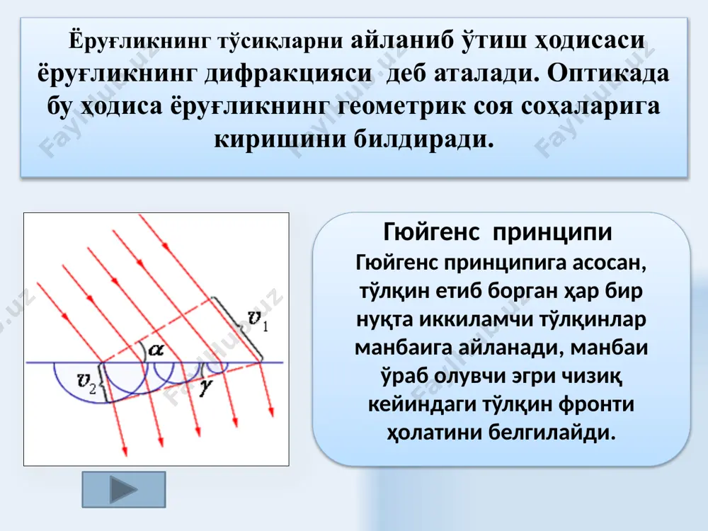 офида концентрик ёруғ ва қоронғи халқалар кузатилади. 15 чексиз узун тешикдаги фраунгофер дифракцияси. френел соҳалари сони жуфт бўлганда френел соҳалар сони тоқ бўлганда дифракция максимуми кузати лиши шарти дифракция максимуми кузатиш шарти дифракциявий спектр dsinφ = ±2m dsinφ = ±(2m+1) 16 тирқиш оқ нур билан ёритилганда марказий максимум оқ йўл кўринишида кузатилади.ёндошган максимумлар ранг – баранг бўлиб, дифракция манзараси марказида бинафша рангда бўлади. амплитуда максимал бўладиган йўналишлар амплитуда нолга тенг бўладиган йўналишлар дифракция натижасида экранда олинадиган жадалликлар тақсимоти дифракциявий спектр дейилади. 17 дифракцион панжарада фраунгофер дифракцияси. бир ўлчамли дифракциявий панжара – бир текисликда ётган ва бир хил қалинликдаги тиниқ бўлмаган оралиқлар билан бўлинган, тенг қалинли параллел тирқишлардир. a —ҳар бир тирқишнинг кенглиги b— тирқишлар орасидаги тиниқ бўлмаган соҳалар кенглиги no— бирлик узунликка тенг келувчи тирқишлар сони n – тирқишлар сони 18 дифракциявий панжарада барча тирқишлардан чиқувчи дифракцияланган когерент нурлар дастасининг кўп нурли интерференцияси амалга оширилади. дифракциявий панжара доимийси асосий максимумлар …
