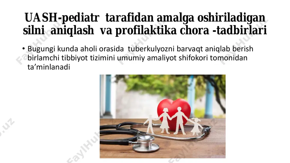 -tadbirlari • bolalar muassasilarda tuberkulin tashxisotini o'tkazish uchun, birlamchi tibbiyot tizimi bosh shifokori tomonidan , mavjud bo'lgan shtatlardan brigada tuzilib, ularni ish jadvali tasdiqlanadi. • uyushtirilmagan bolalarga (gudaklar va maktab yoshigacha) 2 tb bilan mantu sinamasi birlamchi tizim muassasalarida o'tkaziladi. bolalarda tuberkulin sinamasini quyishga qarshi ko'rsatmalarni aniqlash maqsadida birlamchi tizim shifokori tibbiy xujjatlarni, sinama quyish rejalashtirilgan bolalar bilan suxbat o'tkazib, ko'zdan kechiradi bolalar infektsiyalari bo'yicha karantin e’lon qilingan bolalar muassasalarida mantu sinamasi karantin muddati tugamaguncha o'tkazilmaydi. chunki “soxta” musbat yoki musbat natijalari ortish xavfi yuqori bo'ladi. barcha klinik belgilari yo'qolgandan keyin 1 oydan so'ng yoki karantin yo'qolgandan keyin mantu sinamasi o'tkazishga ro'xsat beriladi. uash-pediatr tarafidan amalga oshiriladigan profilaktika chora -tadbirlari • pediatr shifokor ko'rividan so'ng maxsus o'rgatilgan xamshira tomonidan bajariladi. emlash kuni bolani tibbiy kartasiga shifokor tomonida kengashtirilgan kundalikda bolani umumiy xolati, tana xarorati to'la yoritilib, qayta emlashga ro'xsat berilib, vaktsinani yuborish usuli belgilanadi (faqat teri orasiga), yuborilgan vaktsina dozasi …