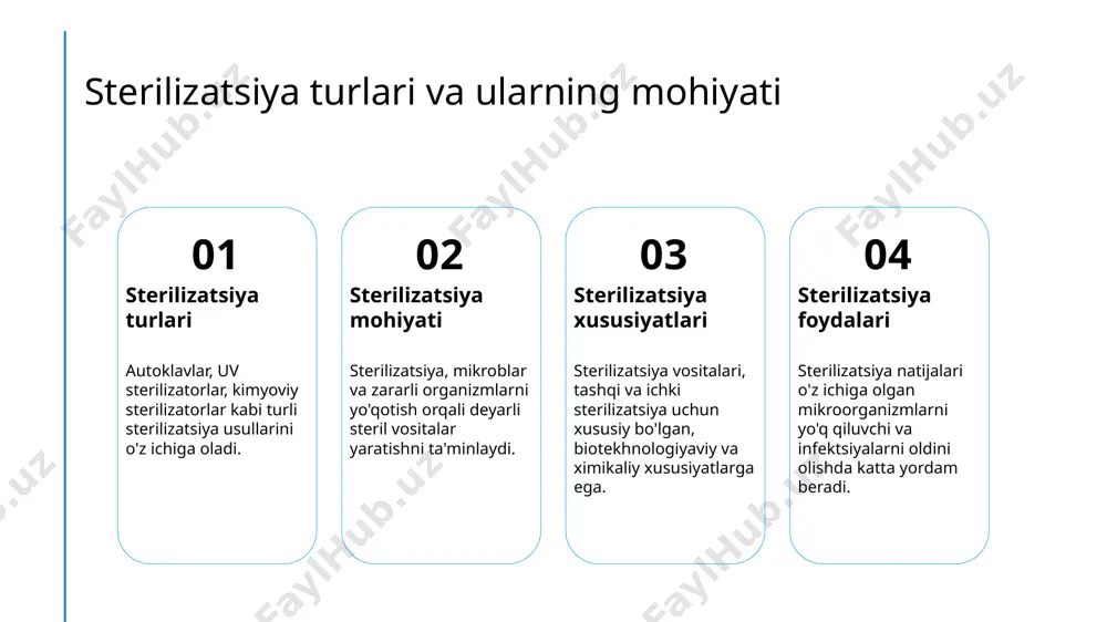terilizatsiya jarayonining to'liqligini nazorat qilishda muhim ahamiyatga ega. 3 nano-materiallar - nano-materiallar sterilizatsiya vositalarida o'zlariga xos antimikrob, antiviral xususiyatlar bilan birgalikda mikroblarni yo'q qilishda muvaffaqiyatli bo'lishadi. sterilizatsiya vositalari: koronavirusga qarshi kurash koronavirusga qarshi kurash uchun sterilizatsiya vositalari juda muhimdir. autoklavlar, uv sterilizatorlar va kimyoviy sterilizatorlar koronavirus va boshqa viruslarni yo'qotishda samarali bo'ladi. bu usullar infektsiyalarni oldini olish va viruslar bilan kurashishga yordam beradi. photo by ousa chea on unsplash tashqi sterilizatsiya: ekologik muammolar va yechimlar ekologik muammolar sterilizatsiya jarayonlarida kimyoviy yoki radiosifatli moddalar ishlatilishi ekologik muammolarga olib kelishi mumkin. biosiz muhitga ta'sir sterilizatsiya vositalari sarflangan kimyoviy moddalar biosiz muhitga zararli ta'sir ko'rsatishi mumkin. yechimlar ekologik muammolar bilan kurashish uchun, yuqori sifatli, biosiz sterilizatsiya usullarini rivojlantirish zarur. ichki sterilizatsiya vositalari: texnologik yangiliklar va mustahkamlar nanotexnologiyalar ichki sterilizatsiyada nanotexnologiyalar, nanoqo'llab-quvvatlash vositalari yuqori samaradorlik va yopiq sterilizatsiya ta'minlaydi. avtomatlashtirish avtomatlashtirish ichki sterilizatsiyada ish samaradorligini oshiradi va xato ihtimoliyatini kamaytiradi, texnologik jarayonni tezlashtiradi. iot …